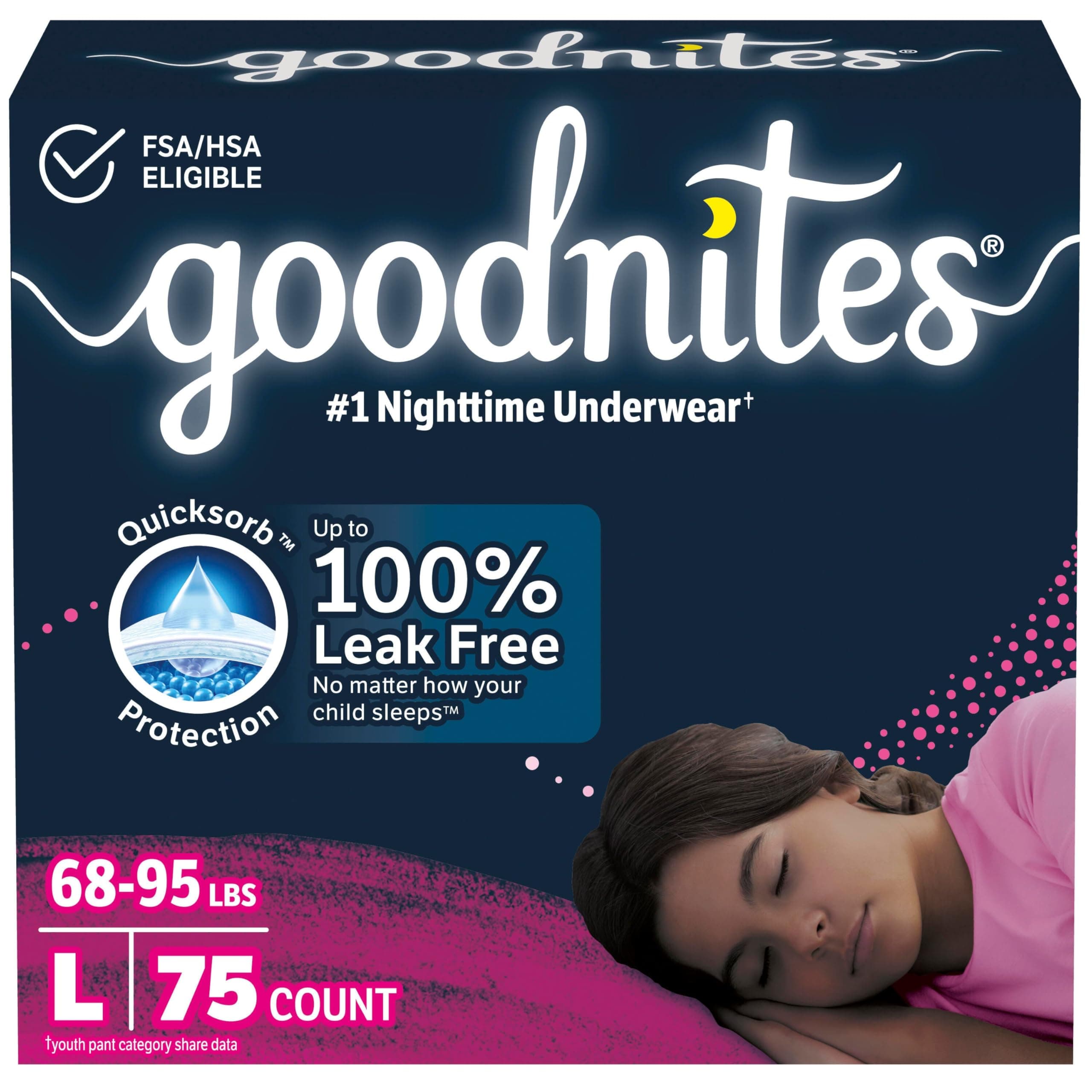 Goodnites Nighttime Bedwetting Underwear, Girls' L (68-95 lb.), 75 Ct