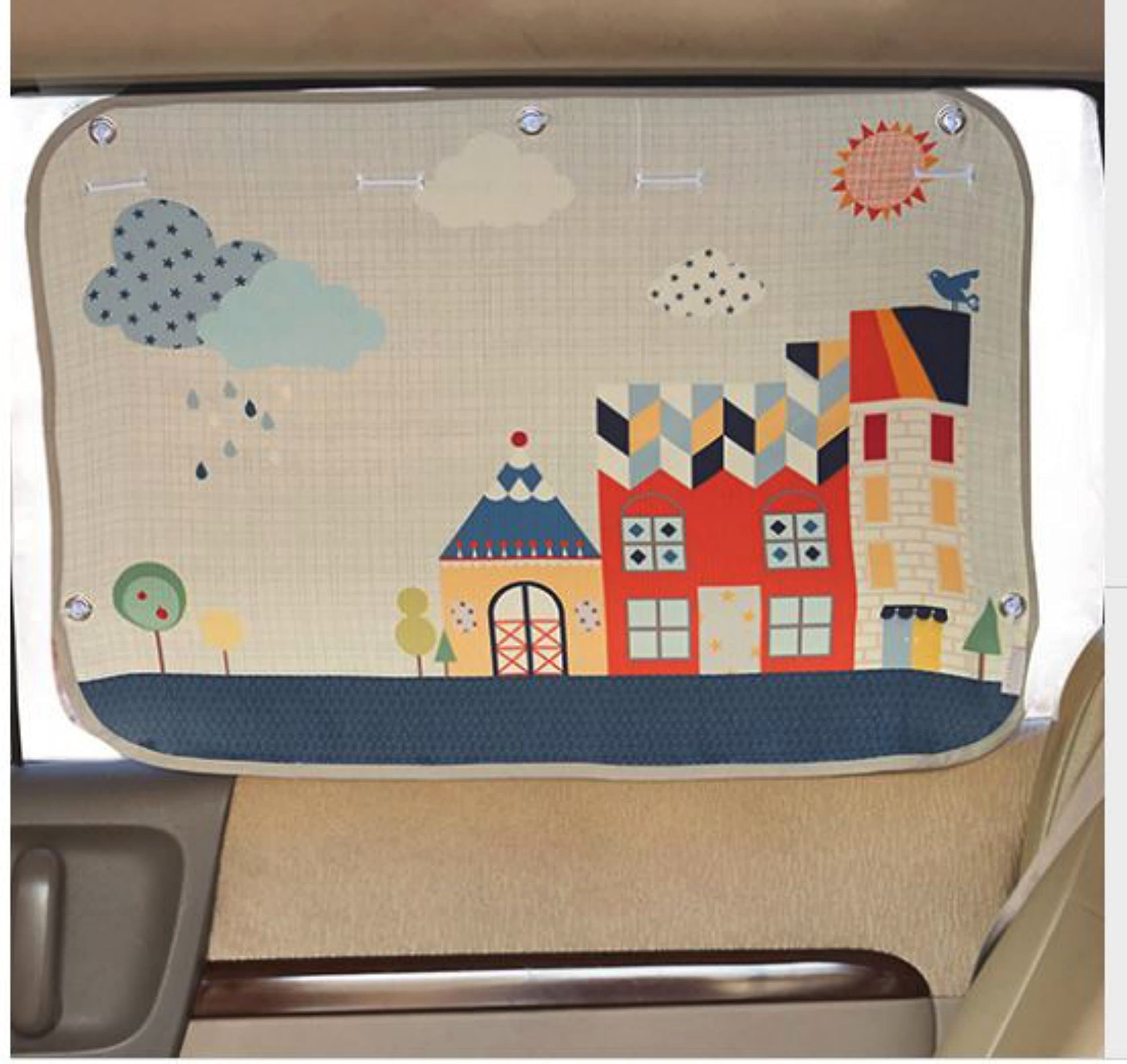 Tokkids Sunshade for car baby - Large Car Sunshade Protector - Blocks over 98% UV Rays Car Sun Visor Protector - Easy to Install (Cute village)