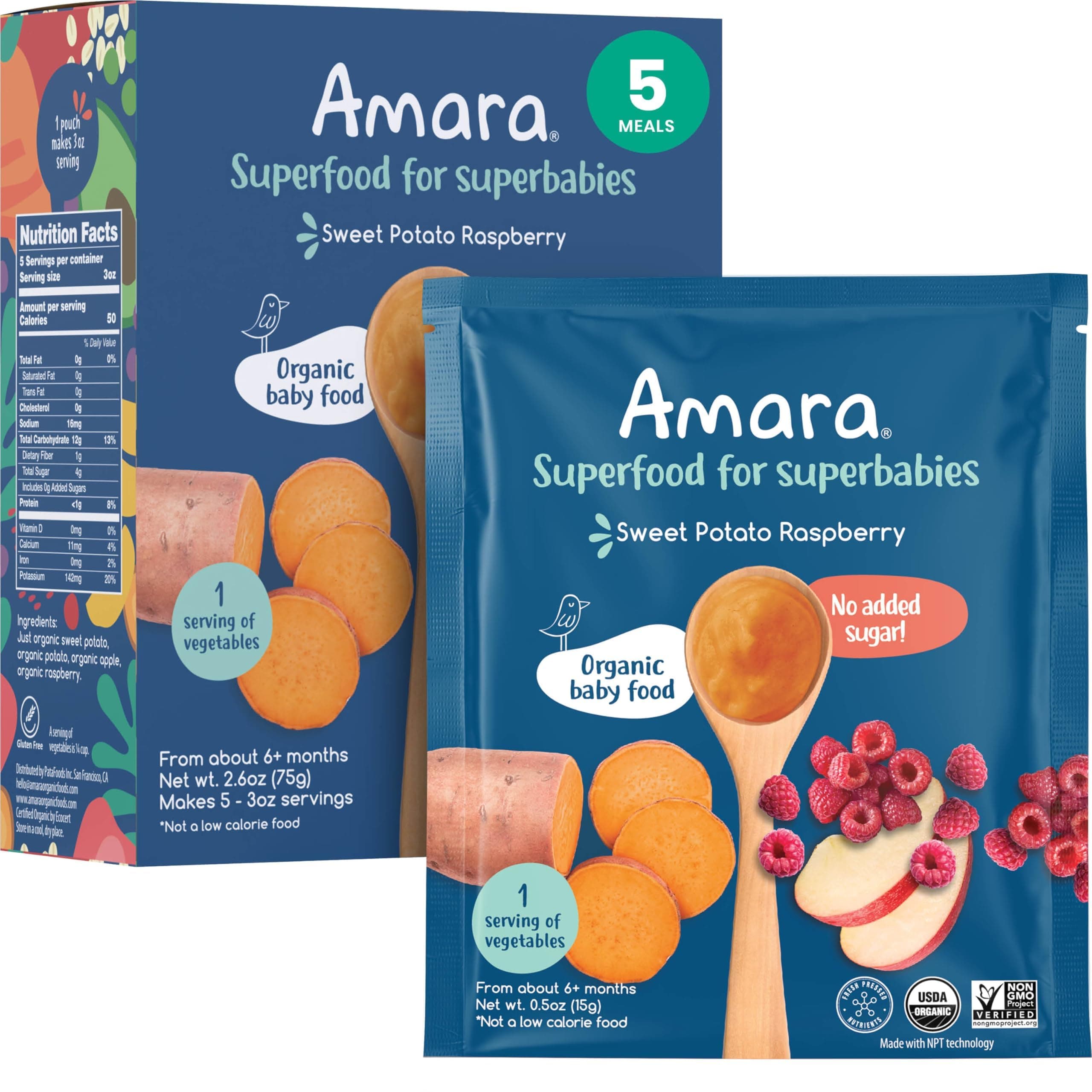 Amara Organic Baby Food - Stage 2 - Sweet Potato Raspberry - Baby Cereal to Mix W/Breastmilk, Water or Baby Formula - Shelf Stable Baby Food W/Organic Fruit and Veggies - 5 Pouches 3.5oz Per Serving