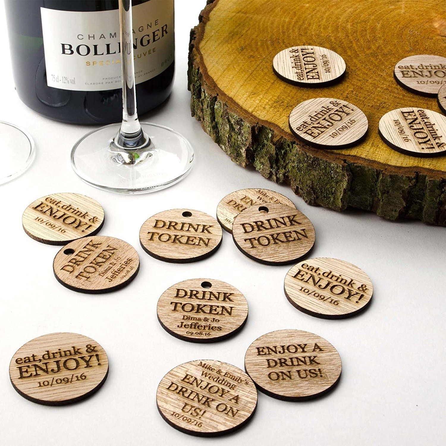 Personalised Rustic Wooden Drink Tokens or Vouchers, Circle or Disc Wedding Favours, Vintage Invitations. (100)