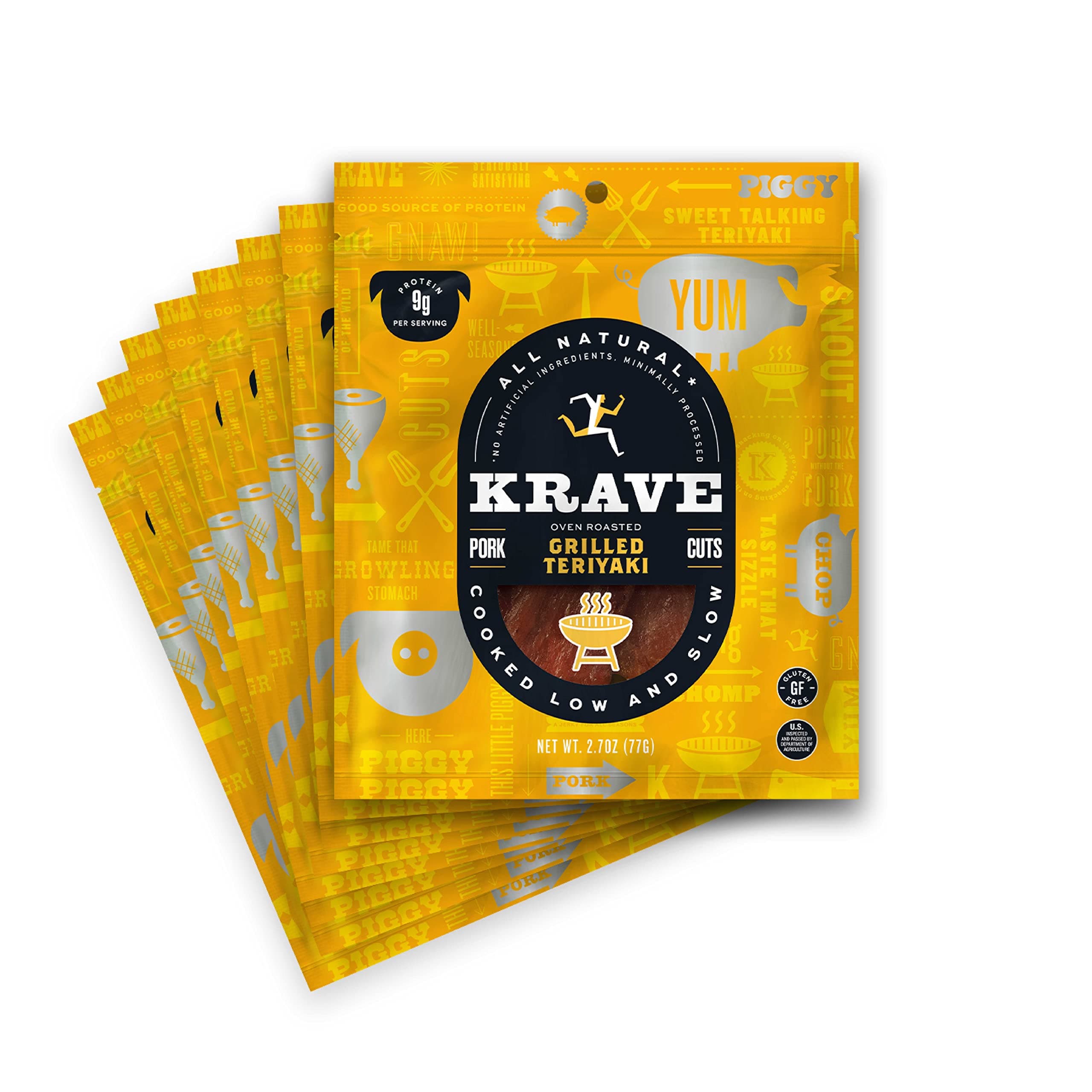 KRAVEAll Natural Pork Jerky, Grilled Teriyaki - Protein Packed Snacks Roasted for Maximum Flavor - Premium Tender Meat Cuts - Gluten Free - 2.7 Ounce (Pack of 8)