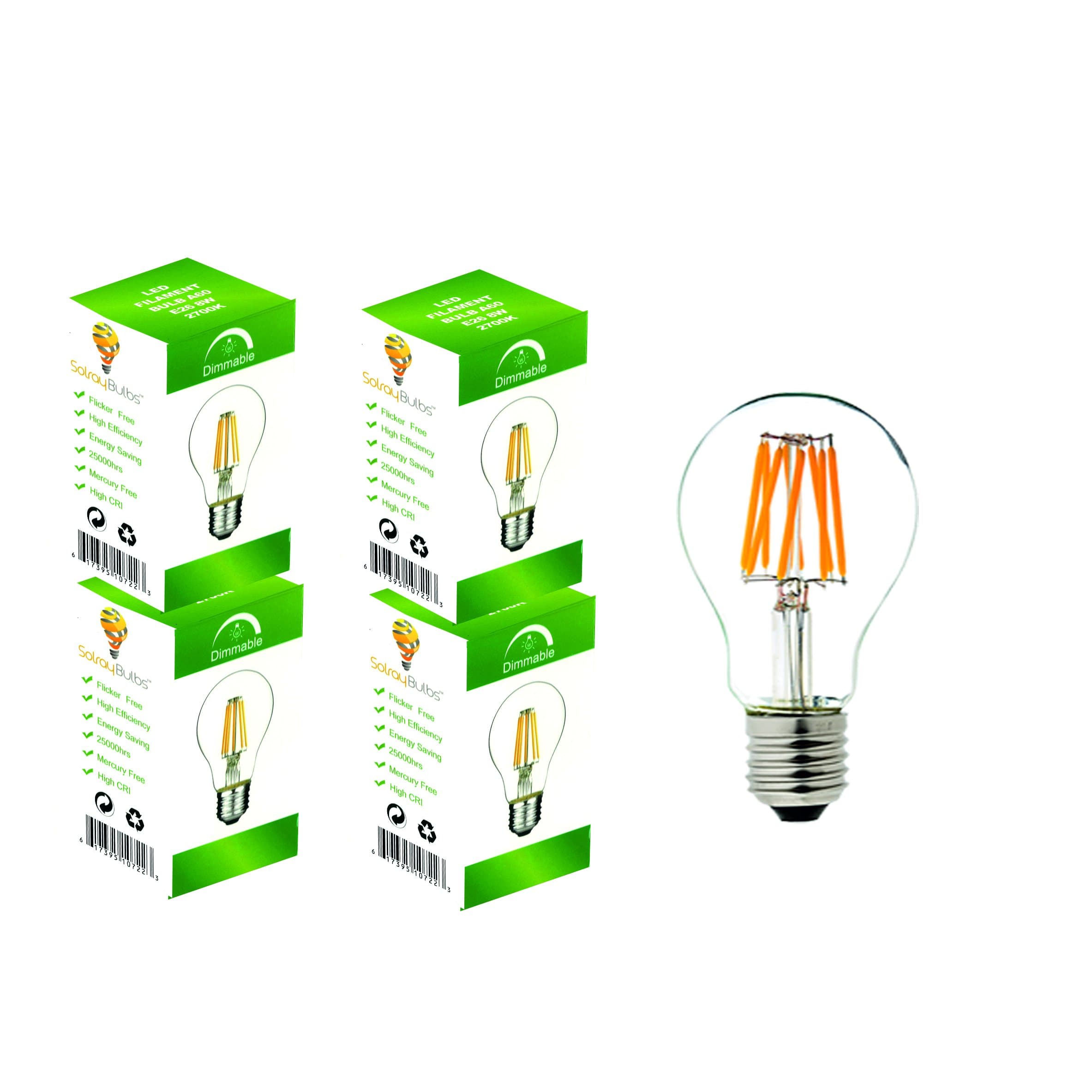 LED A19 Filament Light Bulbs, 4 Pack 8W (60 Watts Equivalent) Soft White 2700K, Dimmable With 360° Beam Angle - By Solray