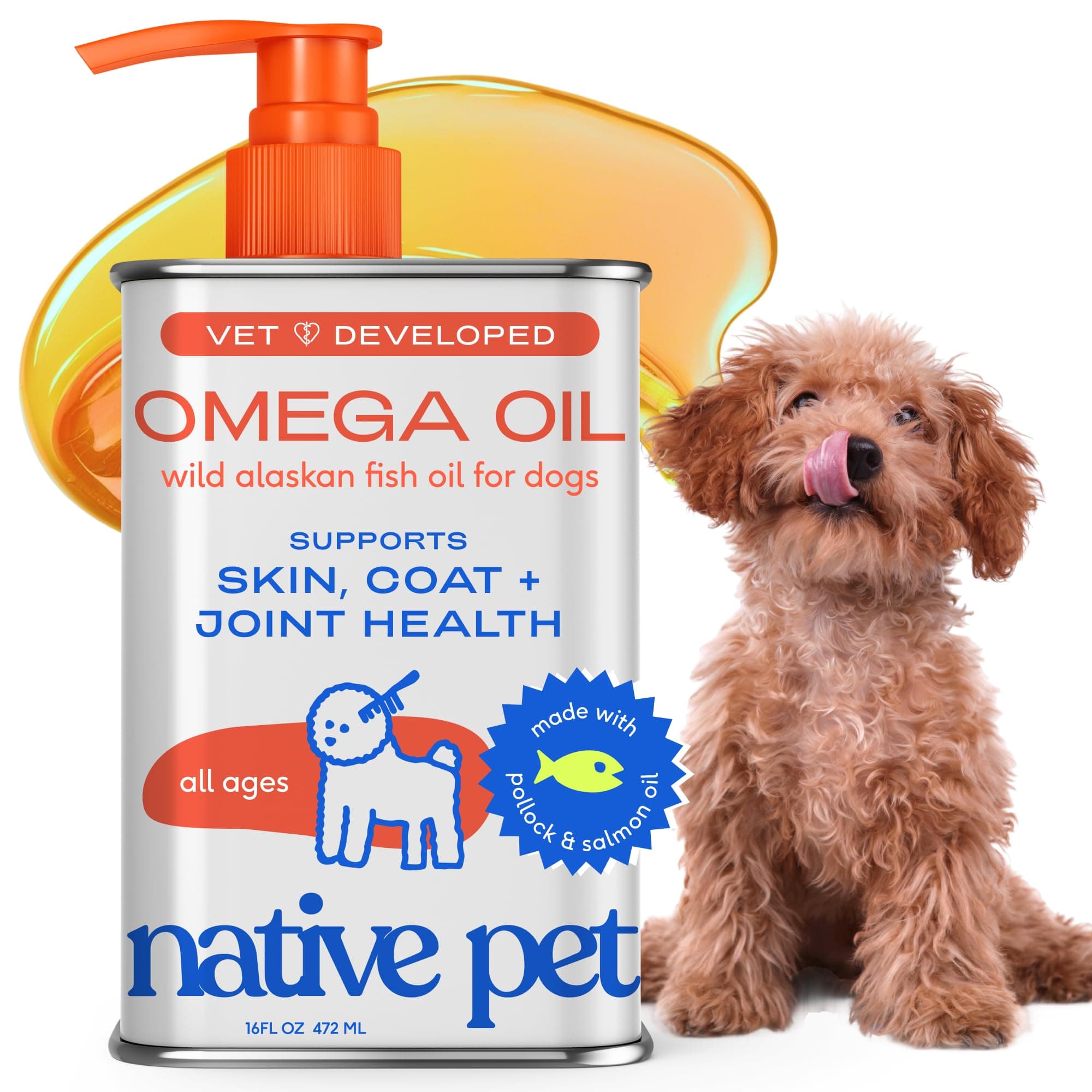 Native Pet Omega 3 Fish Oil for Dogs & Cats - Promotes Healthy Skin, Shiny Coat, & Strong Joints - Made with Wild Alaskan Salmon Oil for Dogs – Tasty, Fast-Absorbing Omega 3 6 9 Liquid Supplement-16oz
