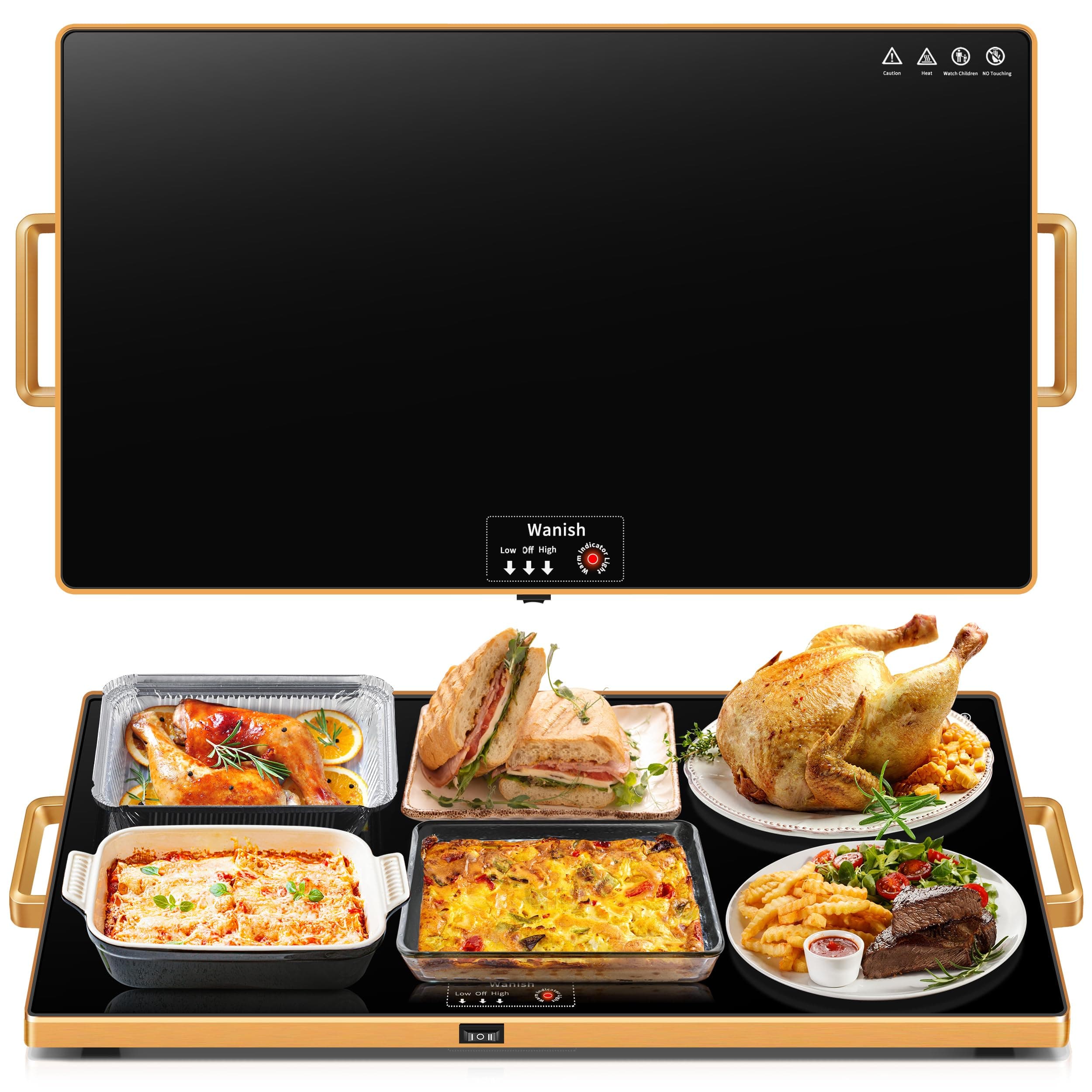 Electric Warming Tray(XXL 32”x18”) with Thermostat & 78" Power Cord,Handles Food Warmer with Adjustable Temperature -Keep Food Hot for Parties,Gatherings,Heat Resistant Tempered Glass Surface,Black