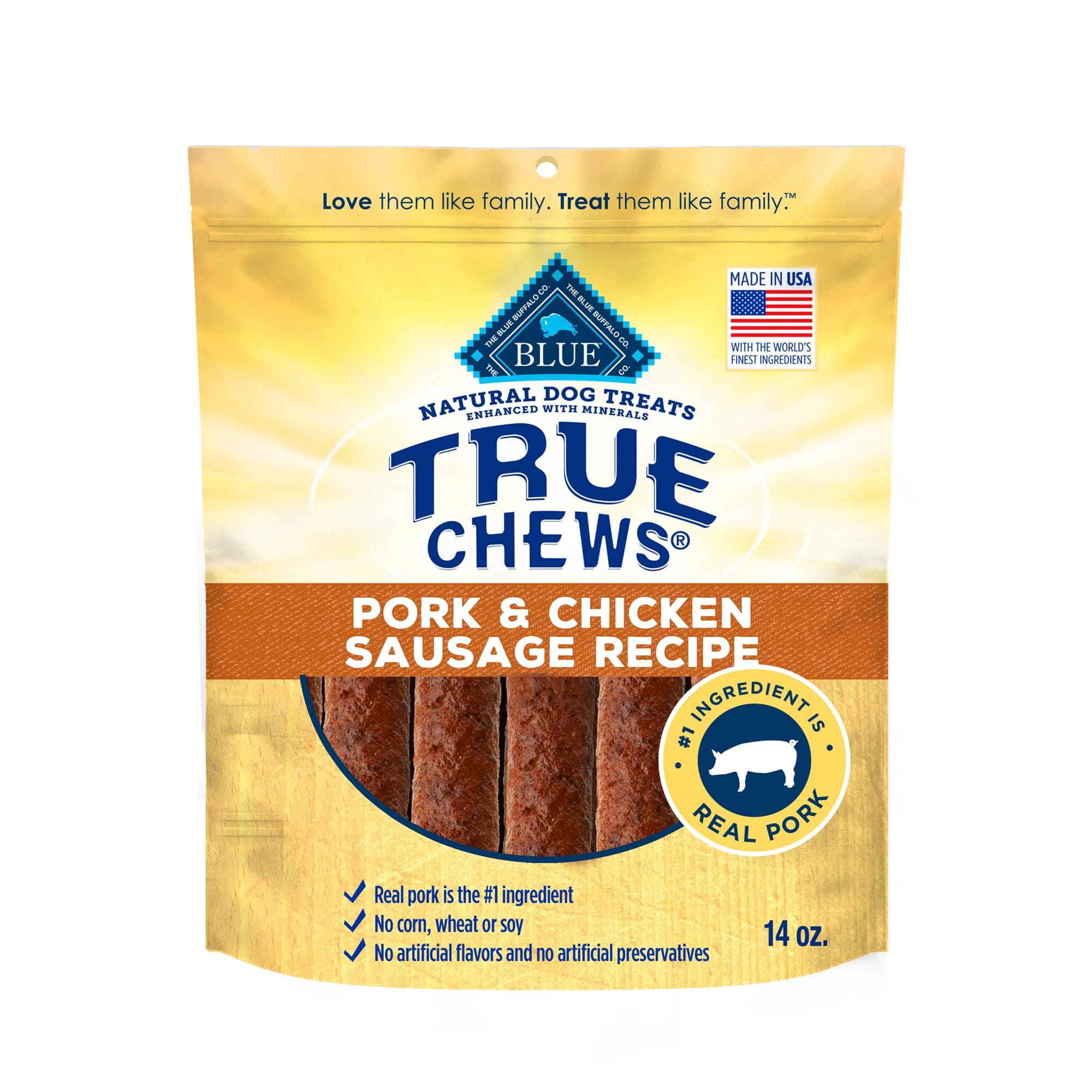 Blue BuffaloTrue Chews Dog Treats, Made in the USA with Natural Ingredients, Pork and Chicken Sausage Recipe, 14-oz Bag