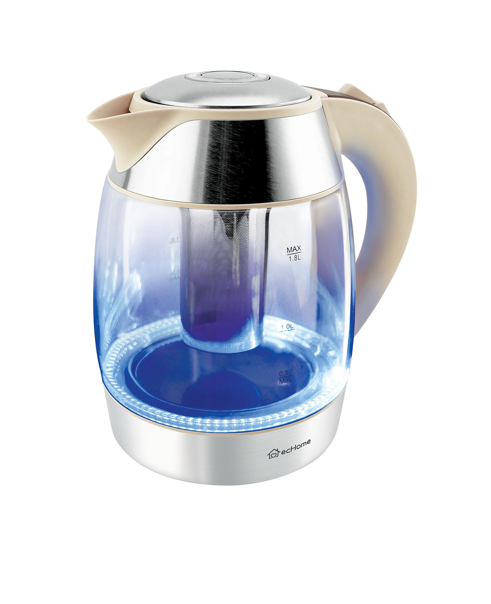 ecHome 1.8L Glass Cordless Stainless Steel Electric Kettle with Removable Tea Infuser, 2200W Fast Boiler for Water/Tea/Coffee