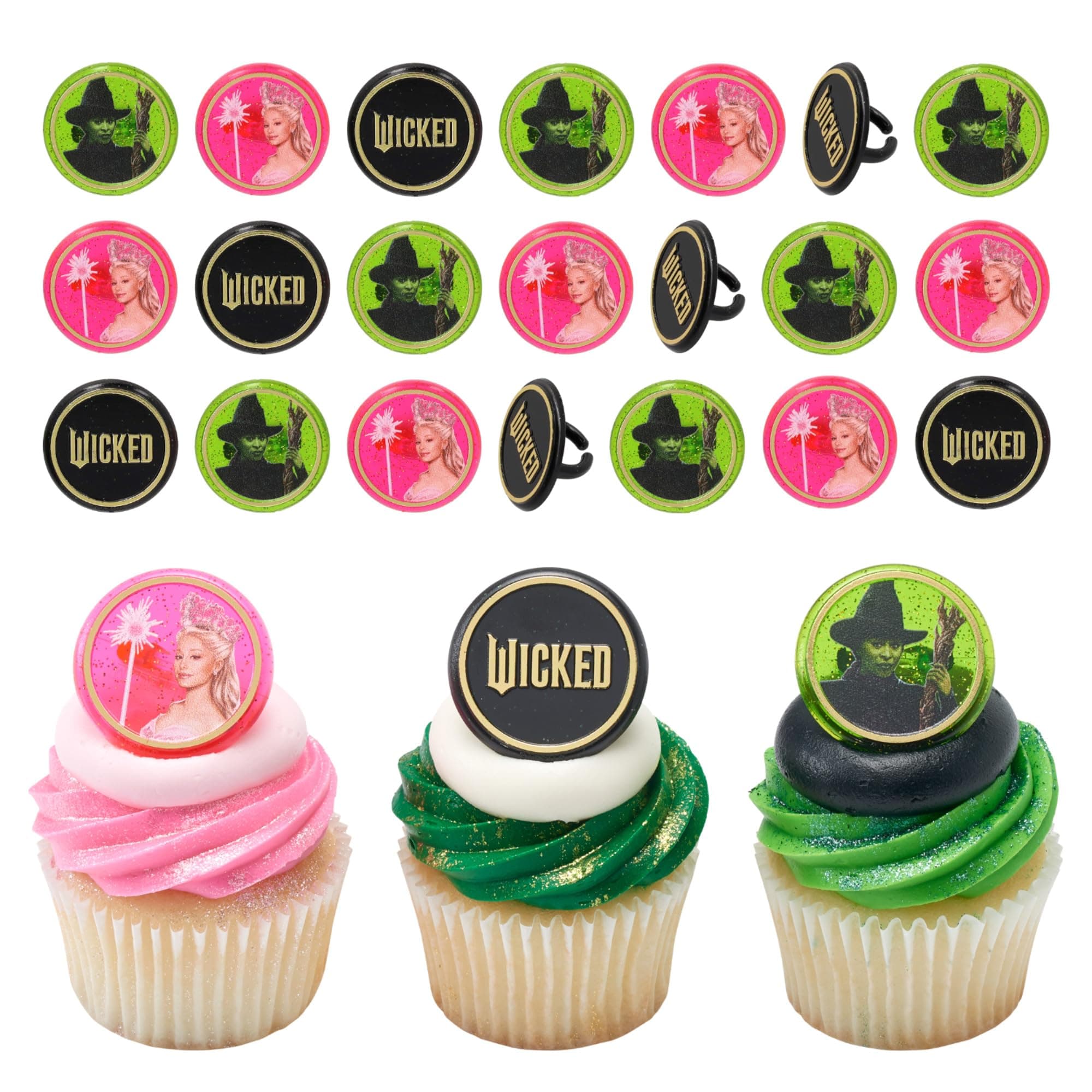 Wicked Cupcake Rings With Glinda And Elphaba, 24 Cupcake Toppers For Cakes, Birthday's, Celebrations, Food Safe Cake Decorations - 24 Pack