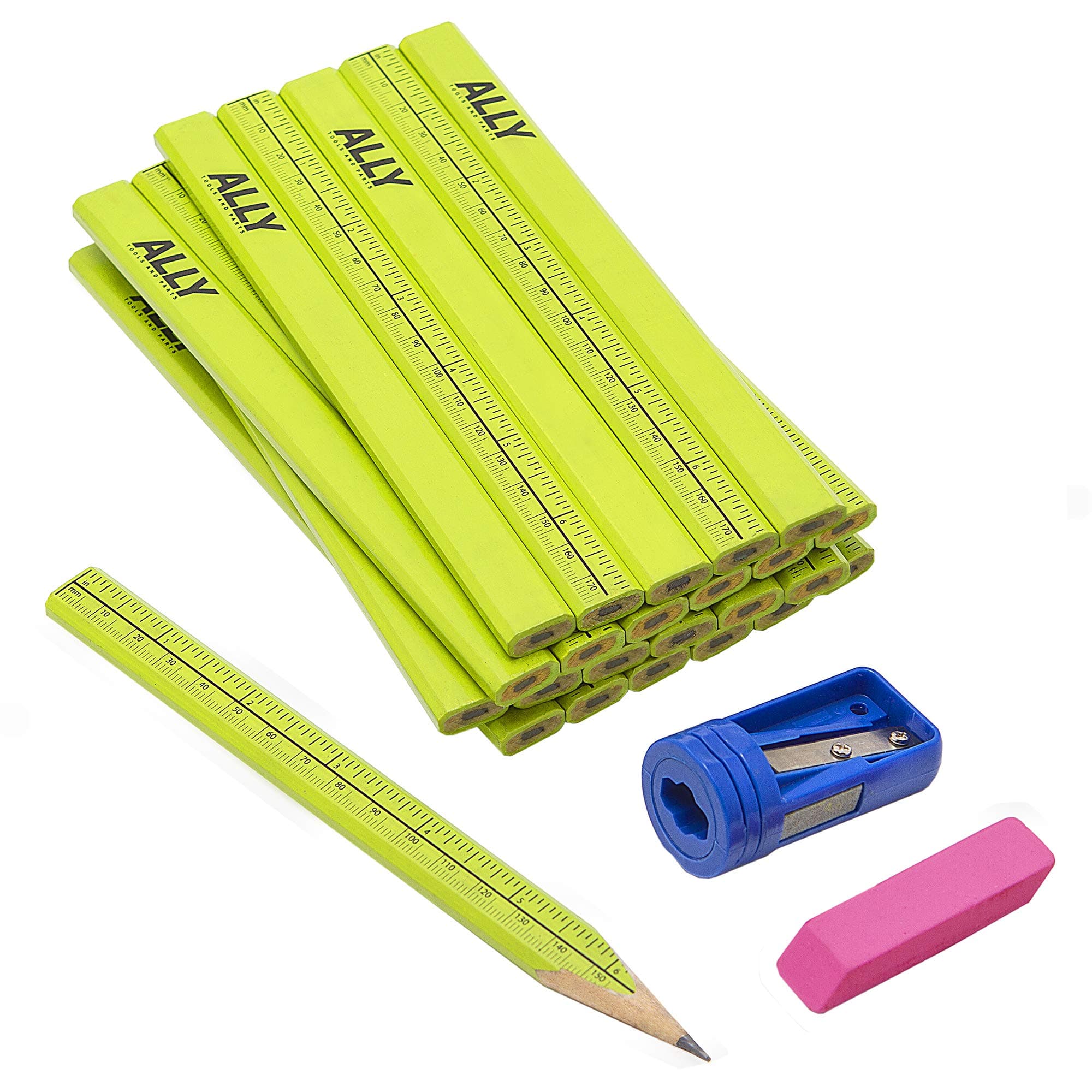 ALLY Tools 24 PC Neon Green Carpenter Pencil Kit with Printed Metric/Inch Ruler INCLUDES Sharpener and Pink Eraser Ideal For Precision Marking on Wood, Stone, and Concrete