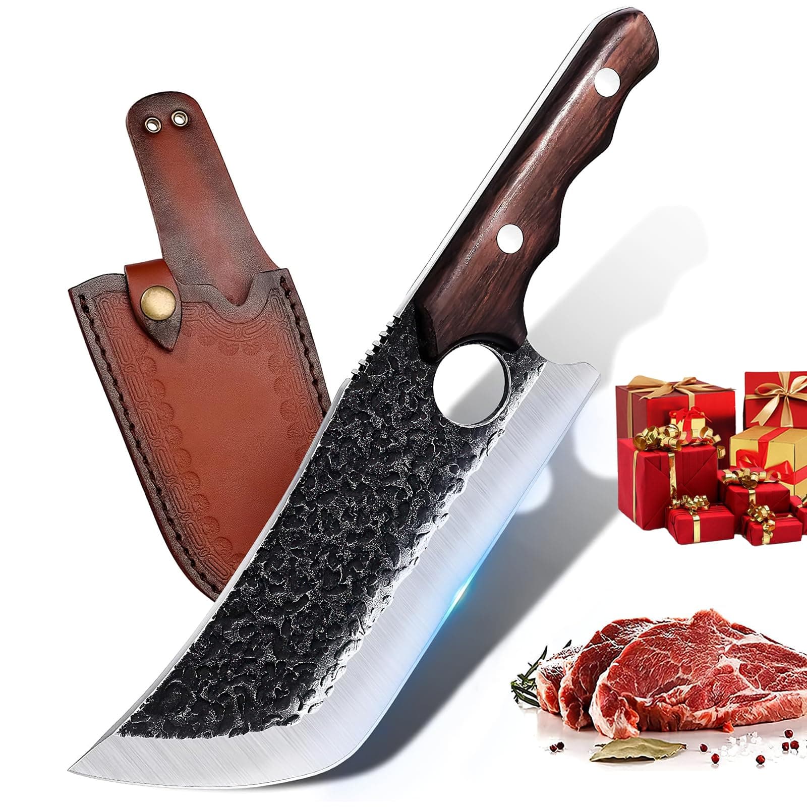 Hand Forged Meat Cleaver Knife Fathers Butcher Knives for Meat Cutting Full Tang Chef Knife with Belt Sheath and Gift Box High Carbon Steel for Kitchen or Camping, Gift for Dad