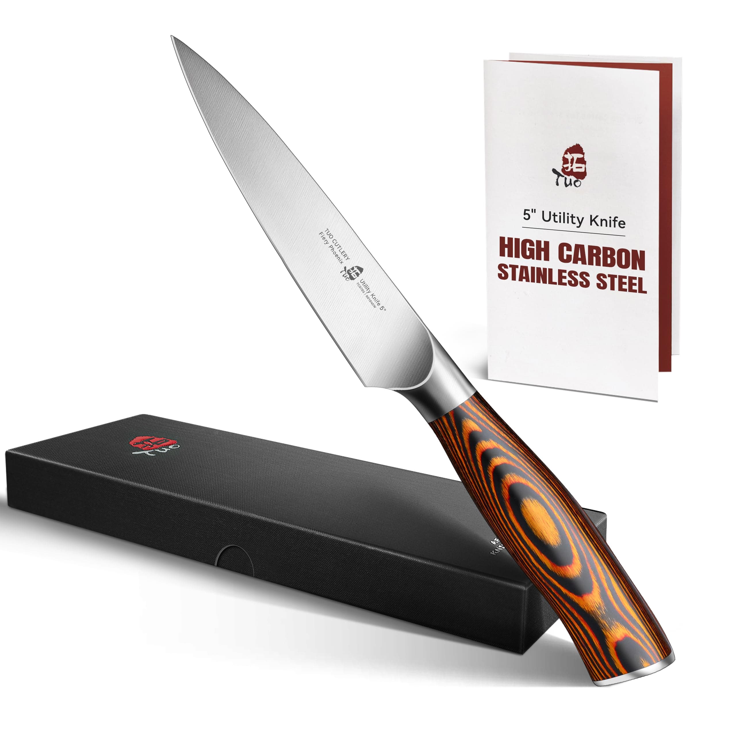 – TUO Kitchen Utility Knife- Small Kitchen Knife - High Carbon German Stainless Steel Cutlery - Ergonomic Pakkawood Handle - Luxurious Gift Box Included - 5 inch - Fiery Phoenix Series