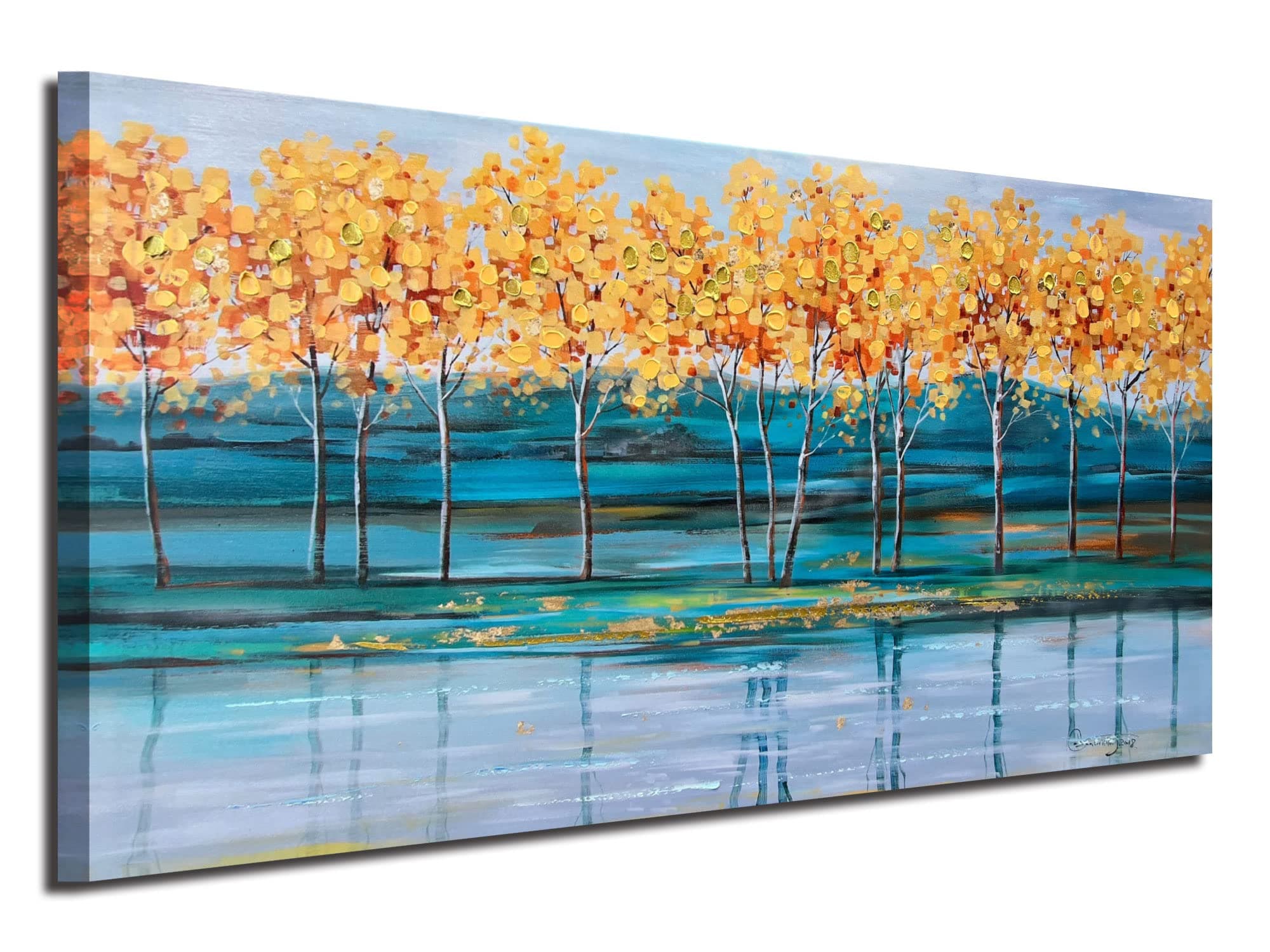 ArdemyGold Ginkgo Trees Canvas Wall Art Nature Painting Modern Blue Landscape Mountain Artwork, Abstract Teal Scenery Picture Large Size Framed for Living Room Bedroom Bathroom Home Office Wall Decor