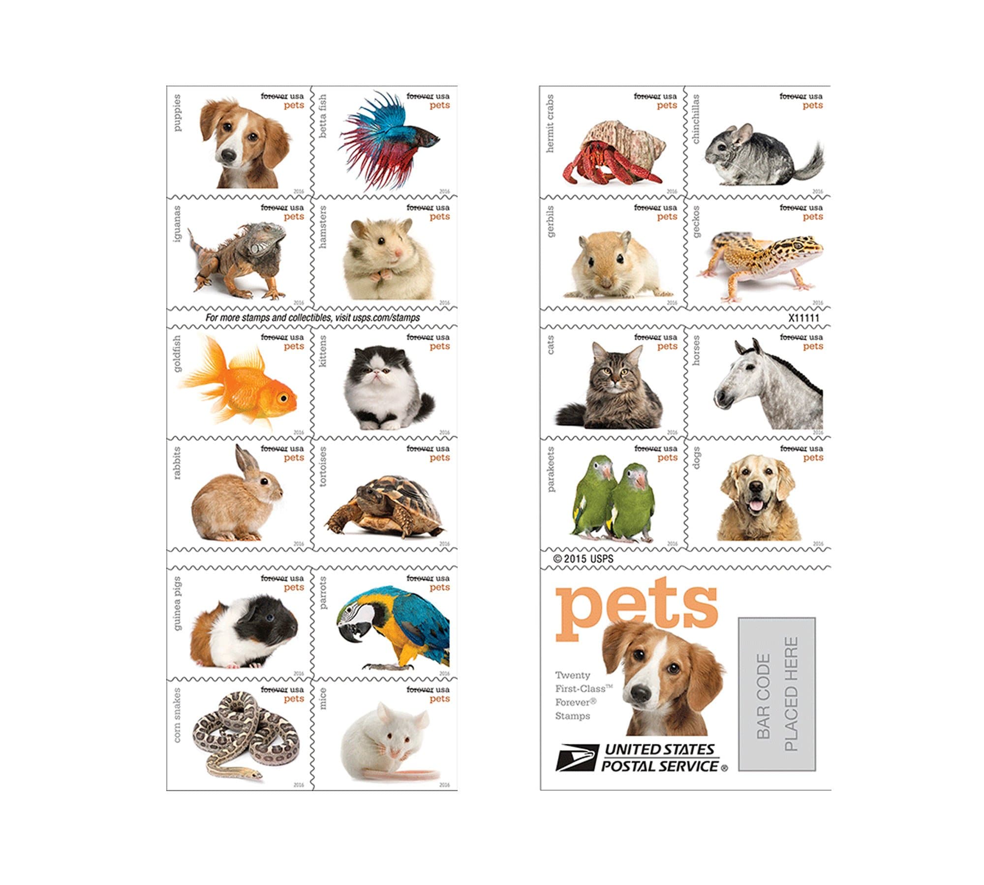 United States Postal Service 20 Forever USPS stamps Pets celebrate animals in our lives that bring joy companionship and love 1 sheet of 20 stamps