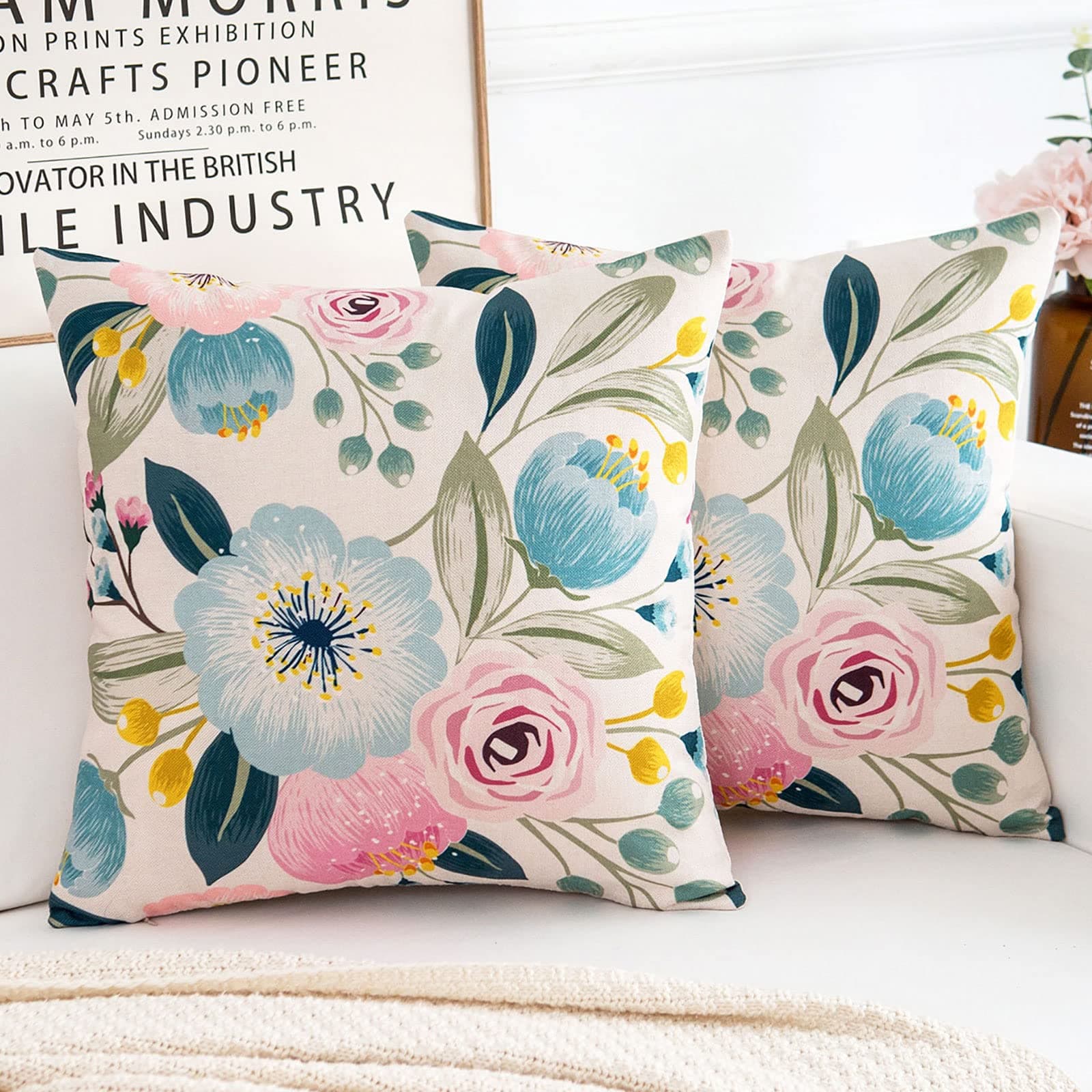 KWLET Throw Pillow Covers 18x18 Square Linen Pillow Cover Spring Decorative Boho Pillow Covers Set of 2 Blue and Pink Flowers Beauty Floral Blossom Pillow Cases for Outdoor Garden Home Sofa Couch
