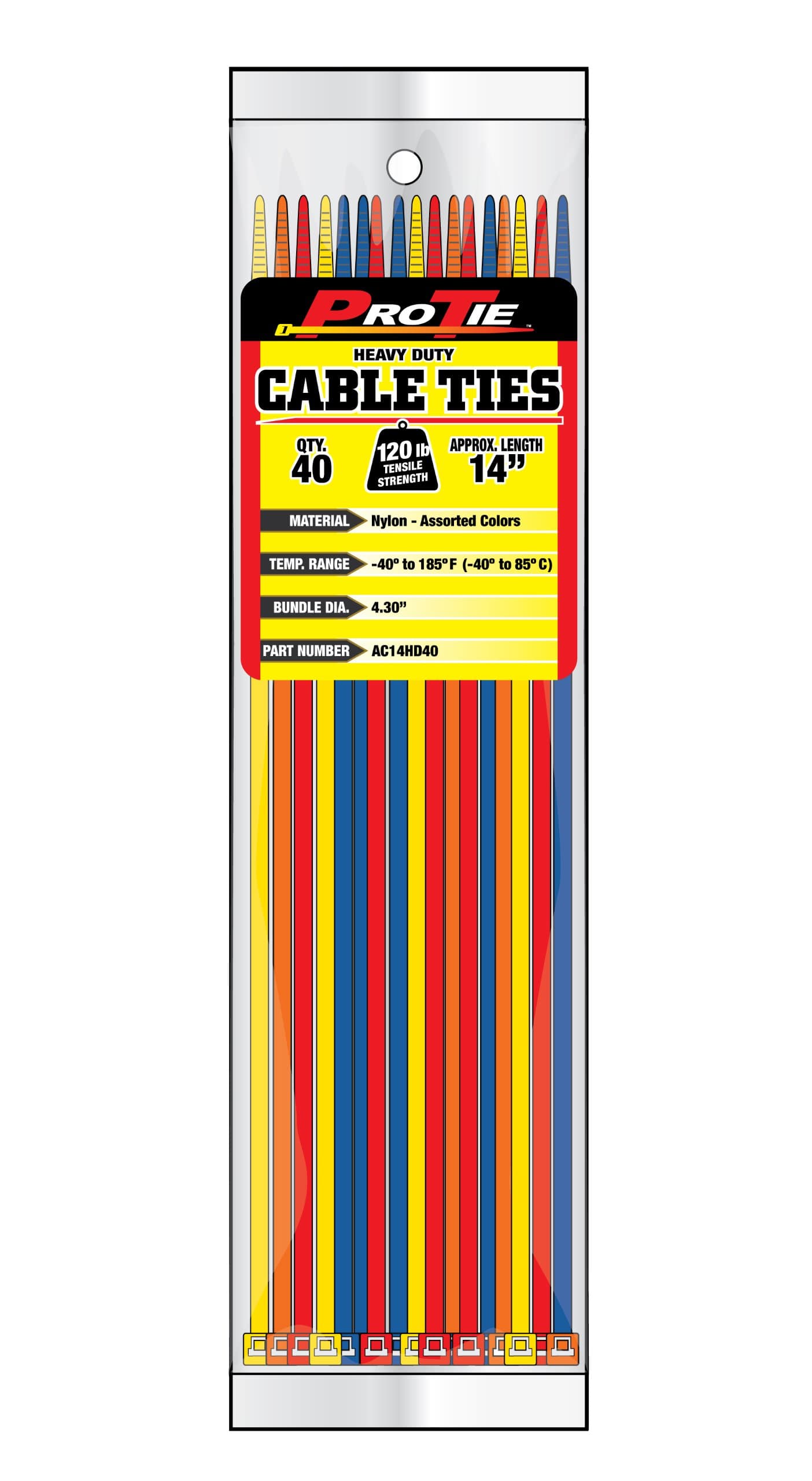 Pro Tie AC14HD40 14.5-Inch Assorted Color Heavy Duty Color Cable Tie, Assorted Nylon, 40-Pack