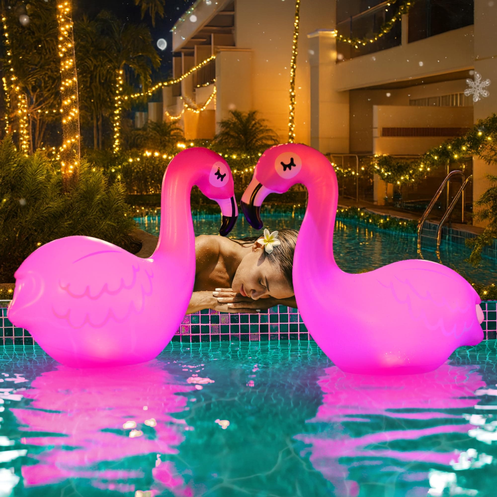 TIALLY Floating Pool Lights Solar Powered - Inflatable Solar Pool Lights, IP68 Waterproof Decor Float, Flamingo and Swans Decorations for Outdoor Use, for Women, Men, Adults