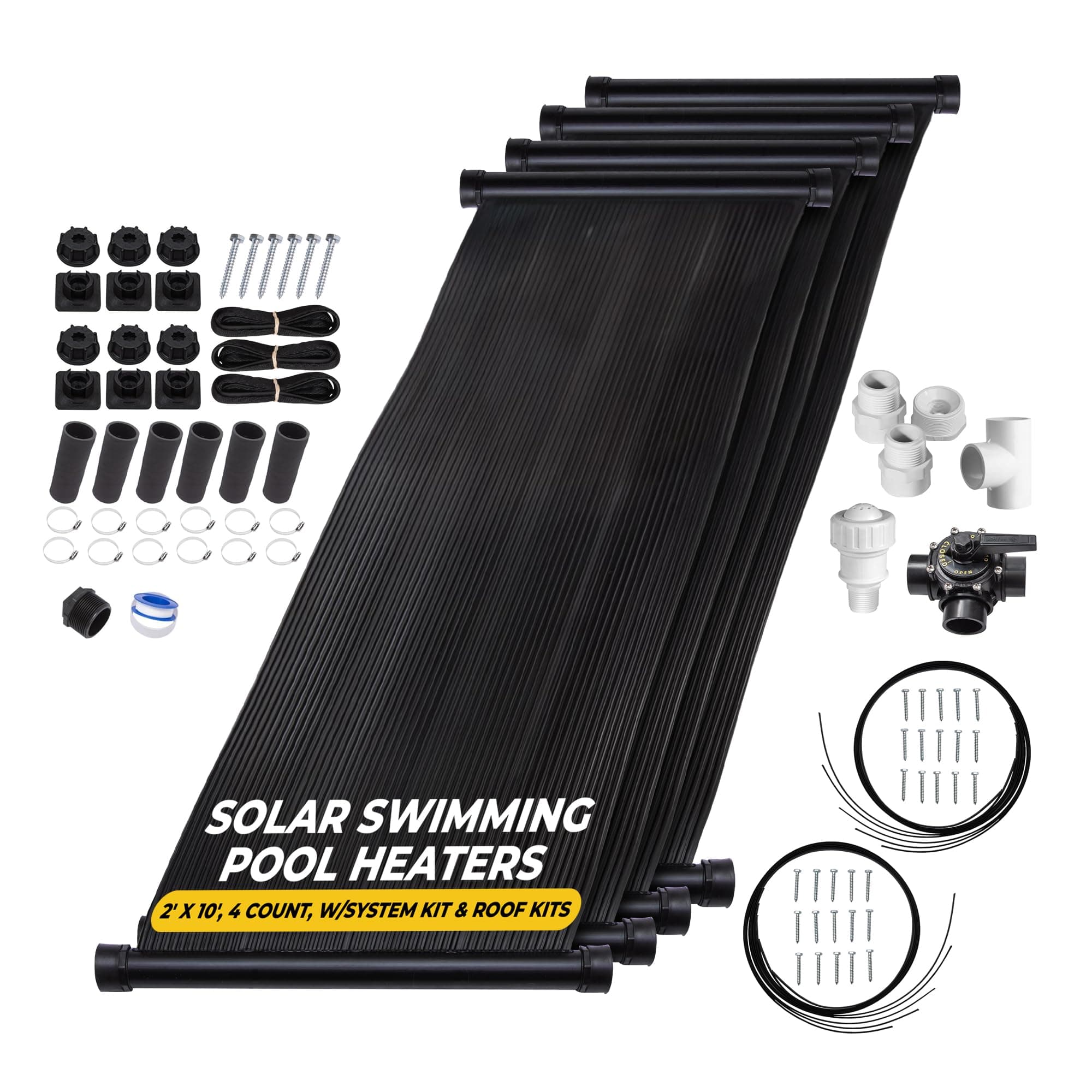 SunQuest Complete Pool Heater System - 4 (2ft x 10ft) Panels w/Bypass and Roof Kit - Solar Heater for Above Ground & Inground Swimming Pools - Tube on Web Design Panel-Polypropylene UV Resistant