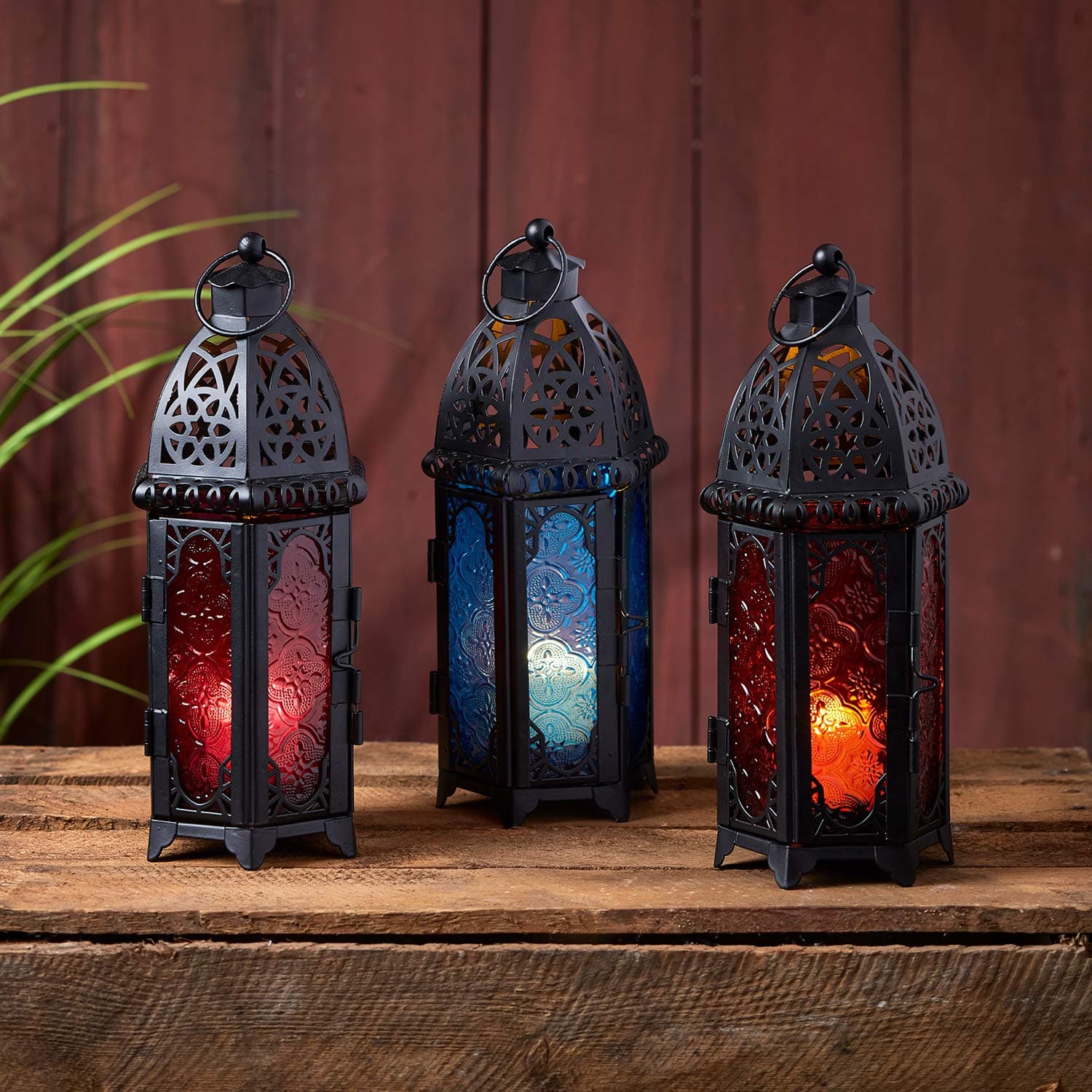 Set of 3 Coloured Glass Moroccan LED Hanging Lanterns