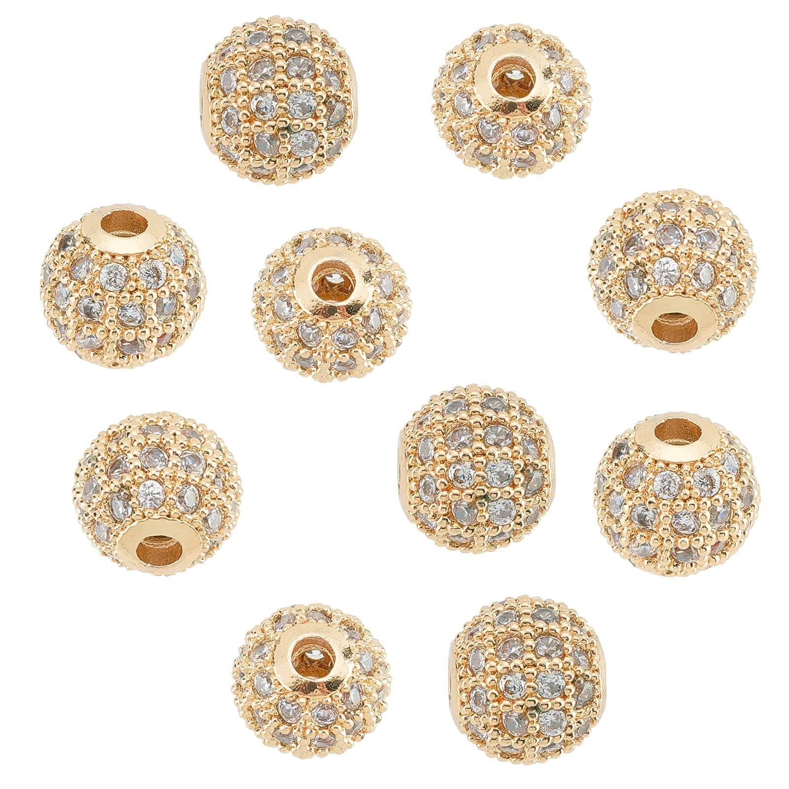NBEADS 10 Pcs 8mm Golden Cubic Zirconia Brass Beads, Clear Gemstones Cubic Zirconia CZ Stones Micro Pave Setting Disco Ball Spacer Round Beads for Bracelet Jewelry Making