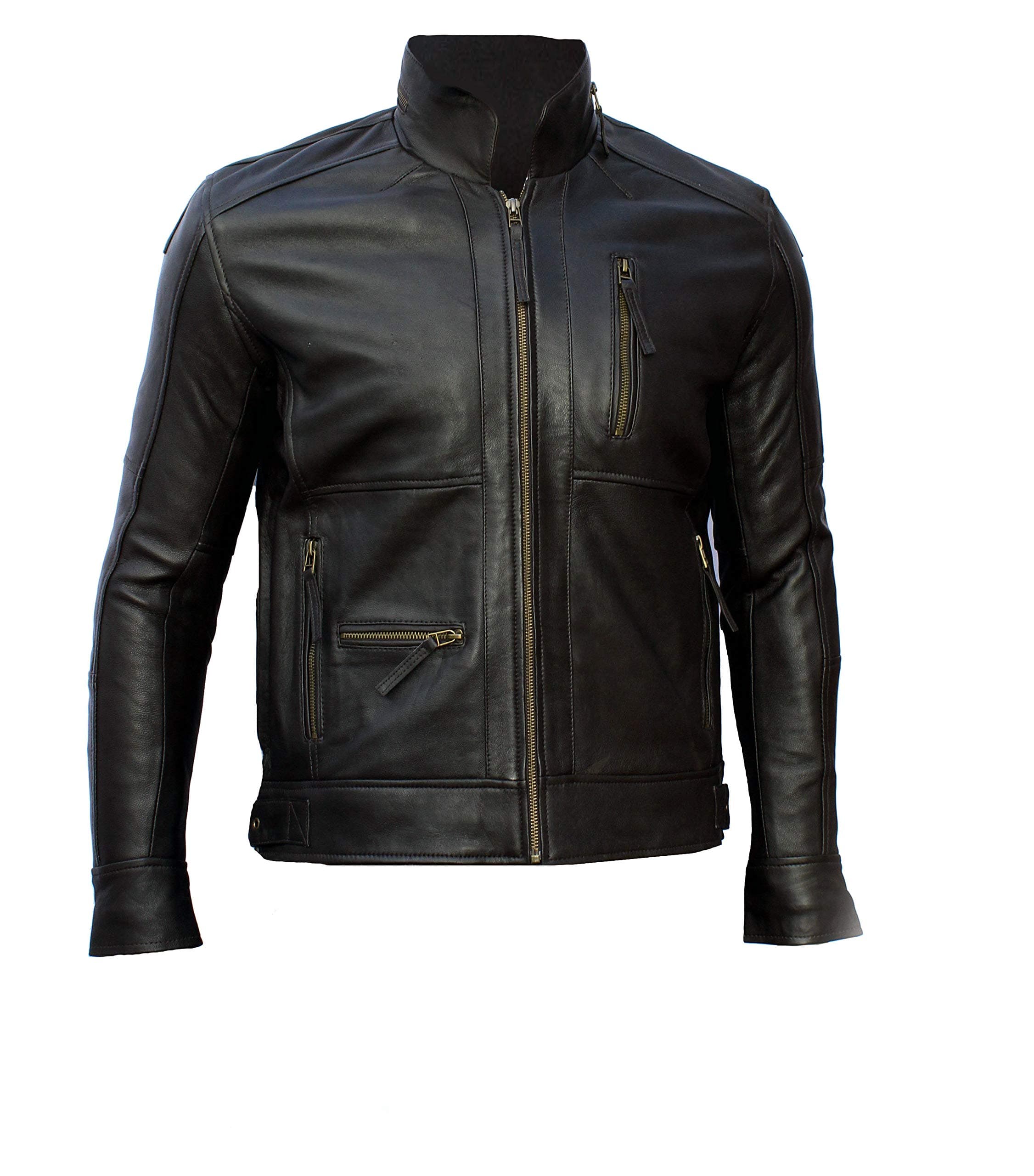 Mens Genuine Leather Biker Style Bomber Jacket Black