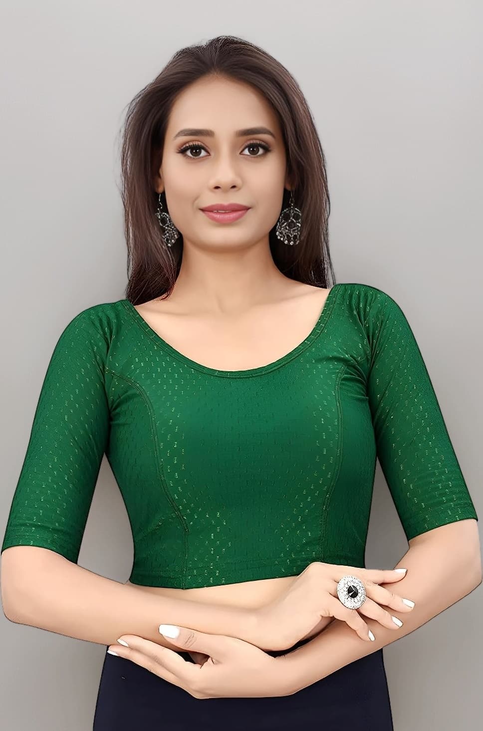 Shreeji Designer Round Neck Cotton Lycra Fully Stretchable Half Sleeve Readymade Blouse for Women