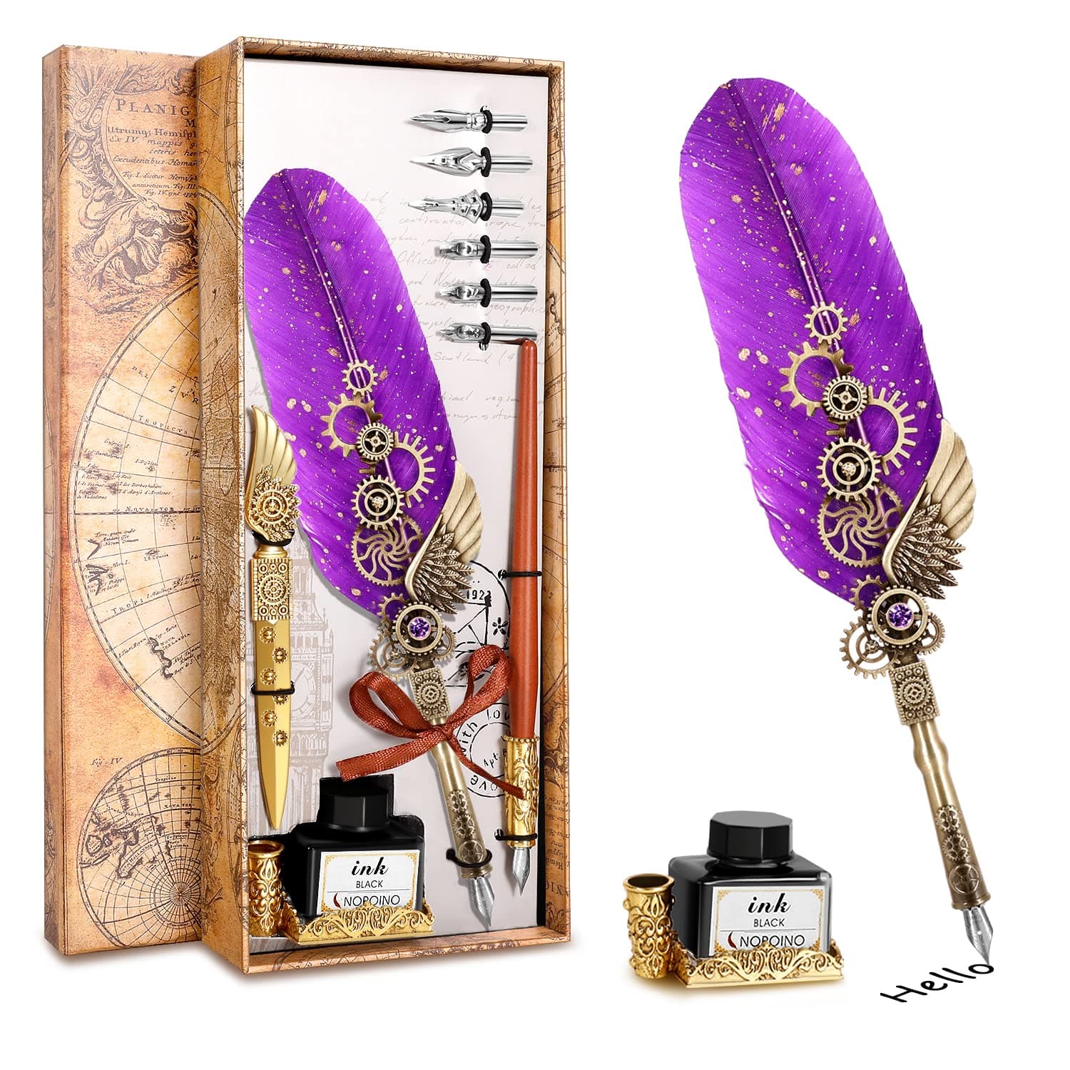 Quill Pen Calligraphy Pen Set - Antique Mechanical Steampunk Style -Mechanical Design Feather Pen with Wooden Dip Pen for Fun Writing Experience. Quill Pen Ink Set is a Basic Calligraphy Kit.(Purple)