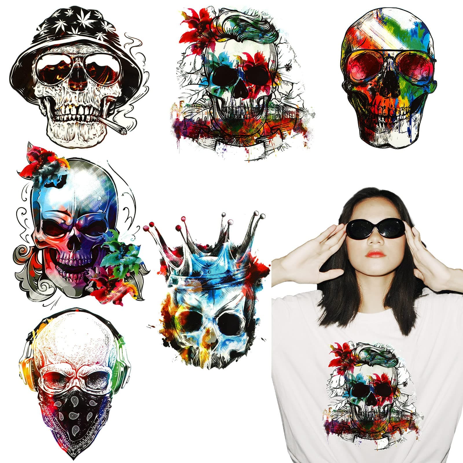 6 Pieces Iron on Decals for Clothing T Shirts Skull Iron on Patches Iron on Stickers 4 Inch DIY Heat Transfer Clothing Patches Coat(Skull Style)