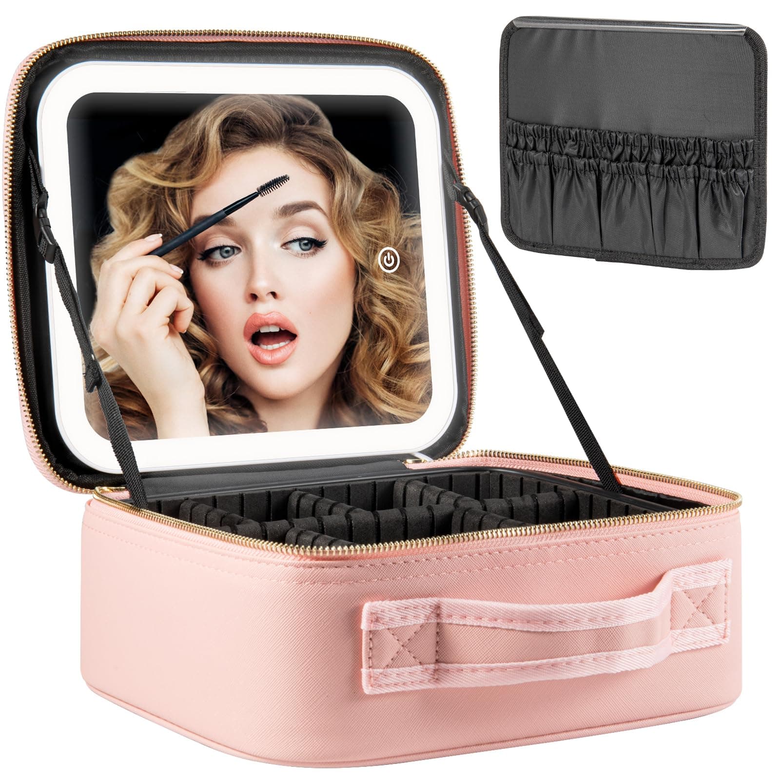 Makeup Travel Train Case with Mirror LED Light 3 Adjustable Brightness Large Cosmetic Bag Portable Storage Adjustable Partition Waterproof Makeup Brushes Make up Jewelry Gift for Women