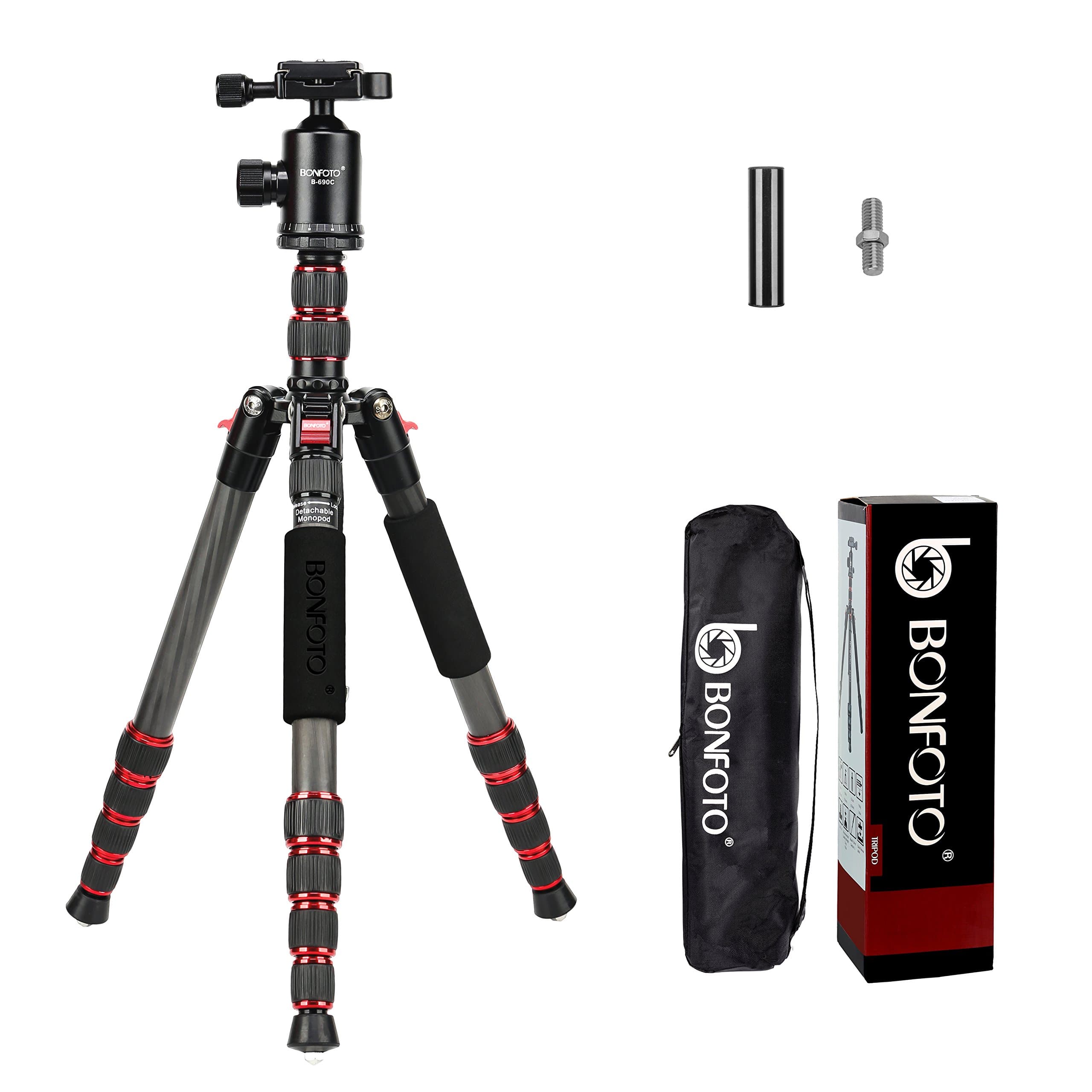 BONFOTO B690C Lightweight Carbon Fiber Portable Travel Camera Tripod with 360 Degree Ball Head,1/4" Quick Release Plate and Carry Bag