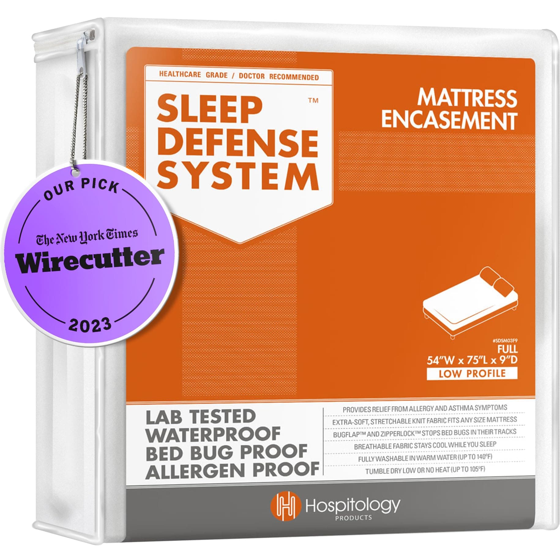 HOSPITOLOGY PRODUCTS Mattress Encasement - Zippered Bed Bug Dust Mite Proof Hypoallergenic - Sleep Defense System - Full/Double - Waterproof - Stretchable - Low Profile 9" Depth - 54" W x 75" L