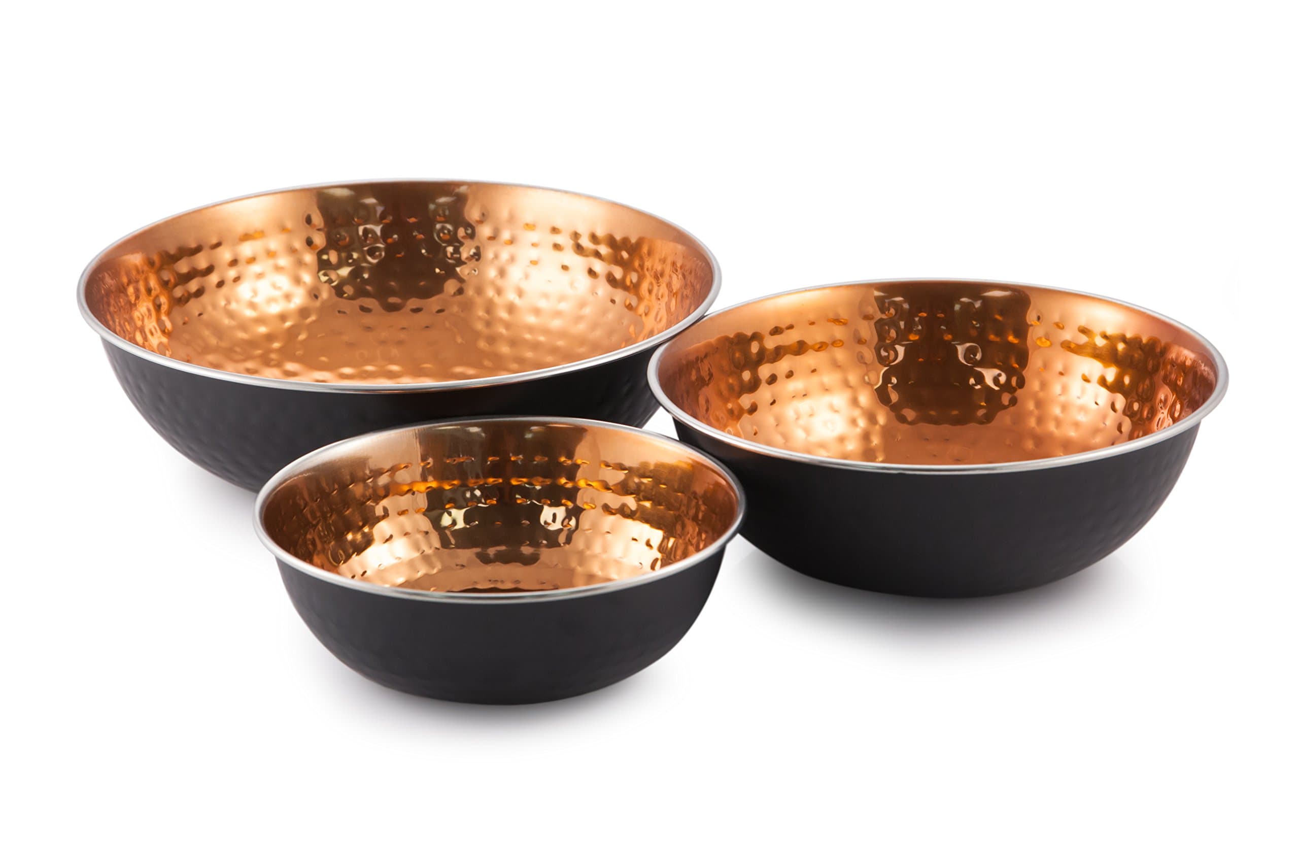 3 Piece Stainless Steel Prep N Cook Hammered Finish Serving Bowl Set, Black