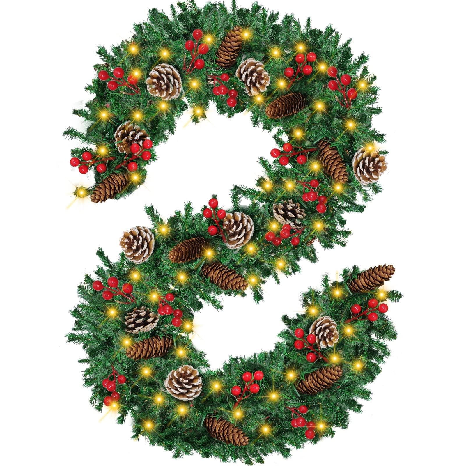 Coolchic 12FT/3.5M Extra Long Christmas Garland, Premium Christmas Garland with 100 LED Lights, Greenery Xmas Garland with 20 Pine Cones 90 Red Berry Christmas Decoration for Indoor Outdoor Home