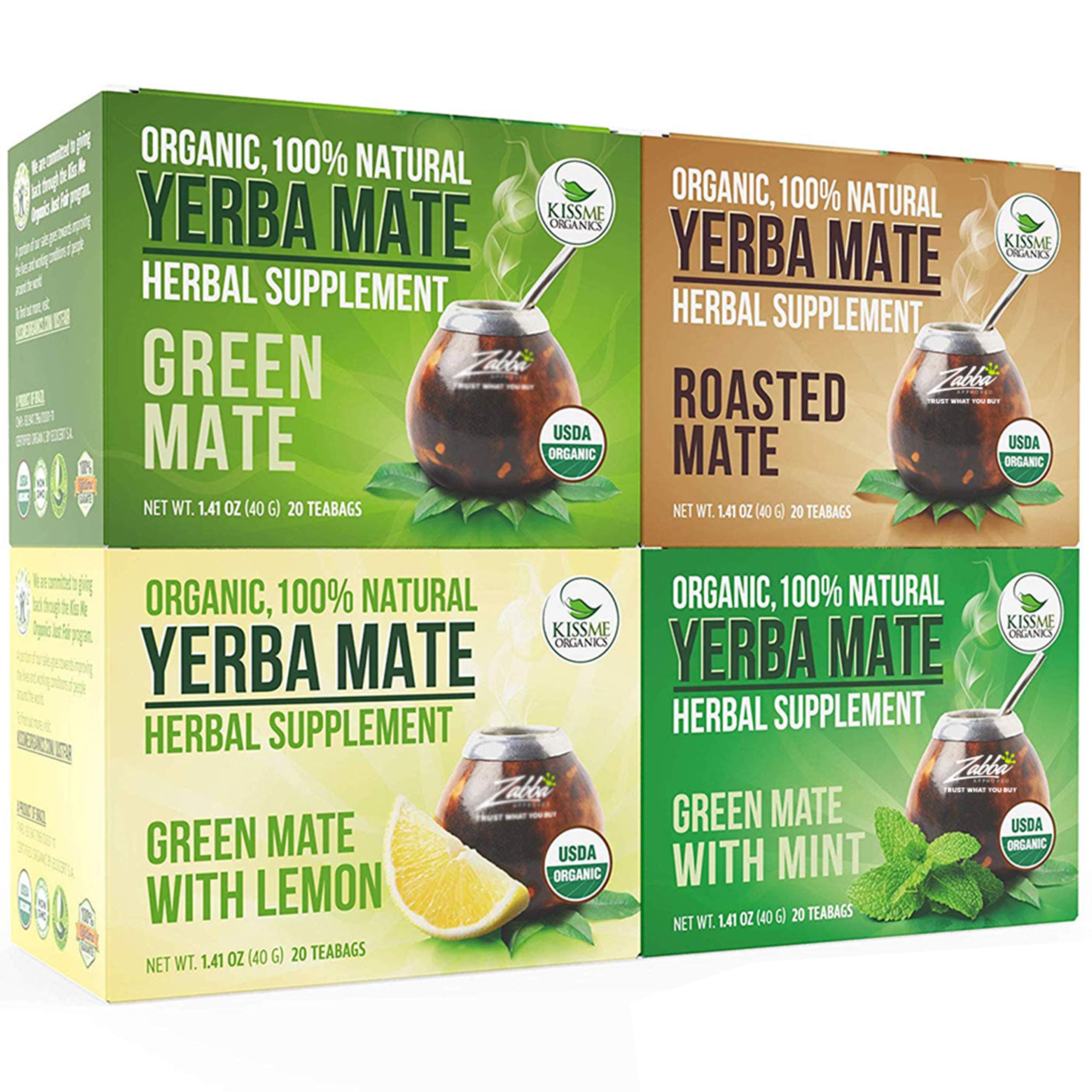 Yerba Mate Variety Pack - Organic Vitamin Infused Natural Detoxifier and Fat Burner - 4 Boxes x 20 Bags Each Box (2 Grams per Bag)