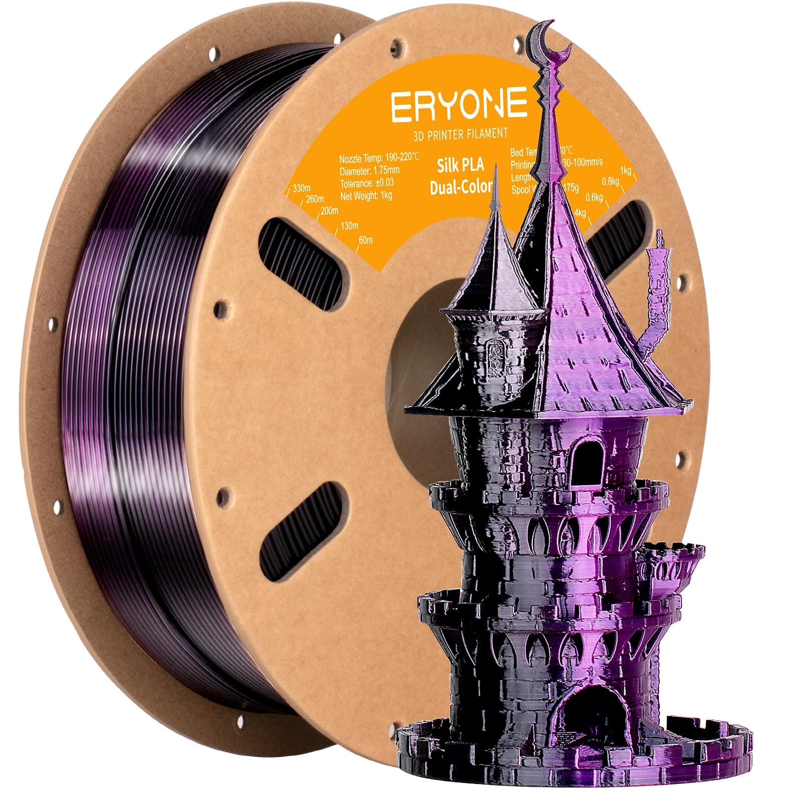 ERYONE Silk PLA Filament 1.75 mm, 3D Printer Filament PLA, +/- 0.03 mm, 1 kg/Spool, Dual Silk PLA Black and Purple