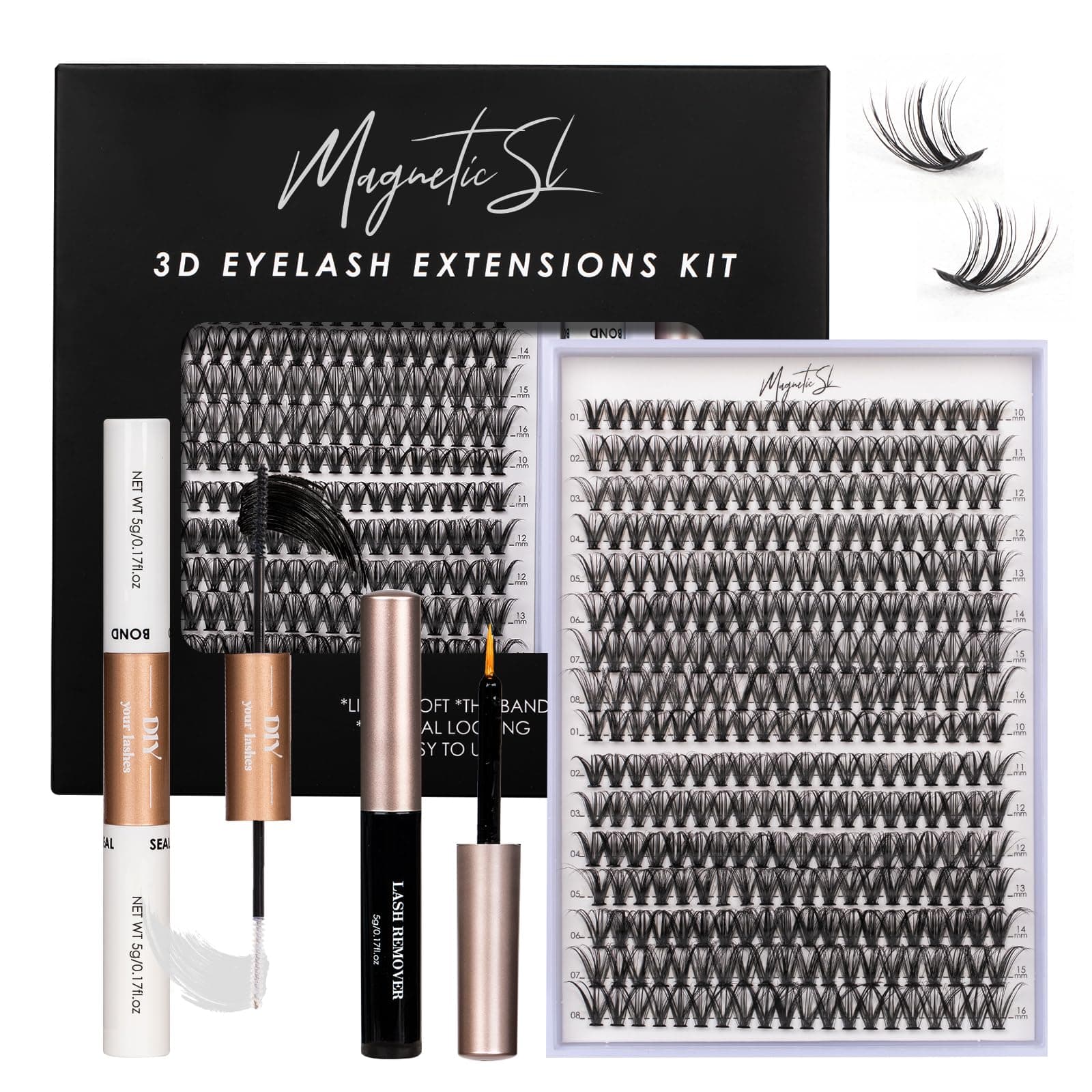 Magnetic SL Lash Clusters DIY Eyelash Extension Set, 320 Pieces, 30D 40D D Eyelash Extension Set Curl with Applicator and Lash Bond&Seal, Clusters Glue Remover for Eyelashes, 10-16 mm