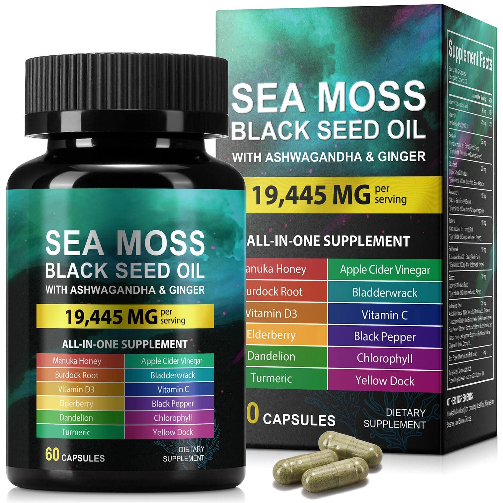 Sea Moss Black Seed Oil Ashwagandha Ginger, Sea Moss Capsule Supplement with Turmeric Burdock Root Bladderwrack Vitamin C Vitamin D3 Enhanced Immunity & Energy Black Seed Oil Capsule 60 Count