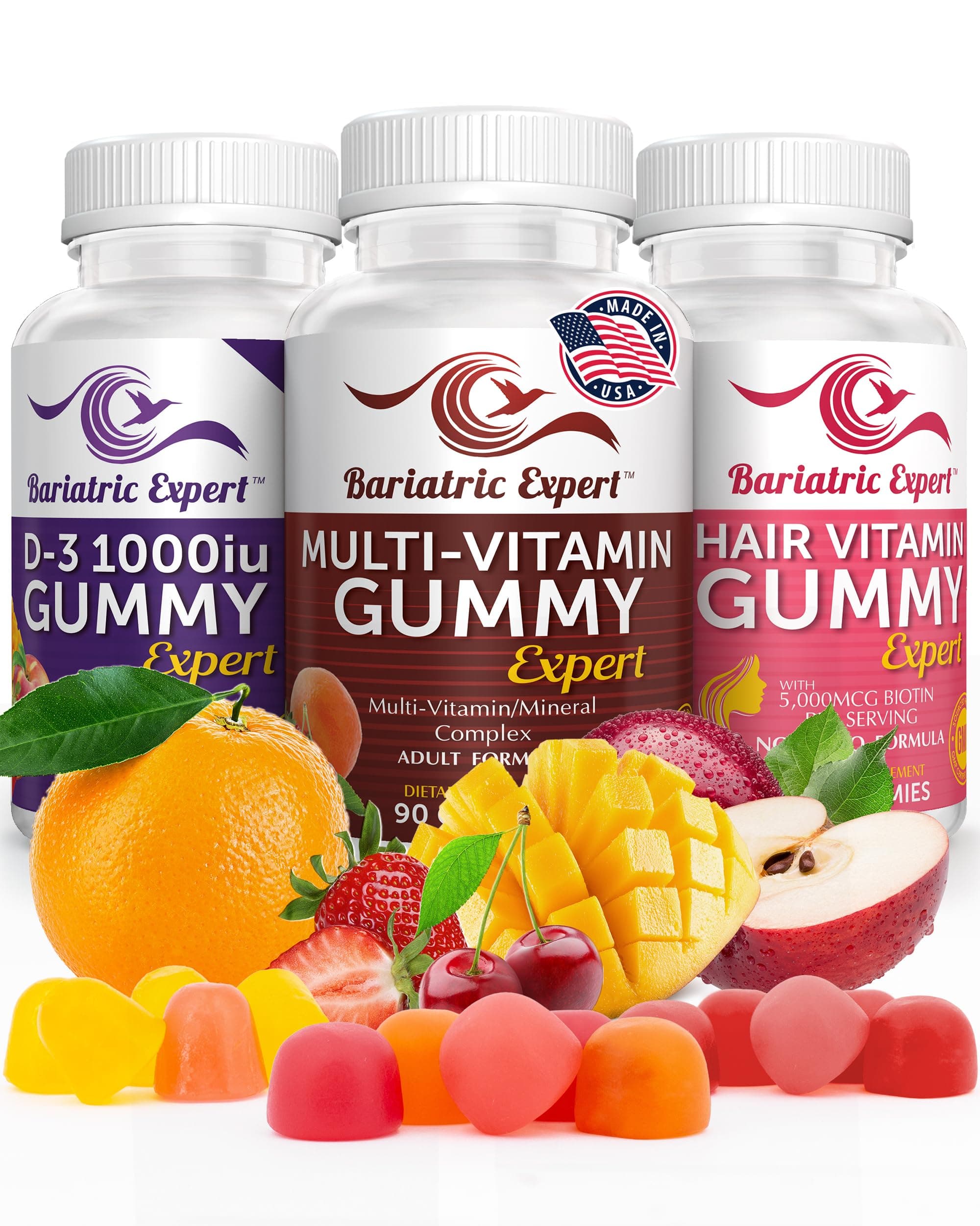 Bariatric Multivitamin 3 Pack, Multivitamin Gummy 90 Chews. - D3 Gummies 90 Chew - Hair Vitamin Gummy 60 Chews.