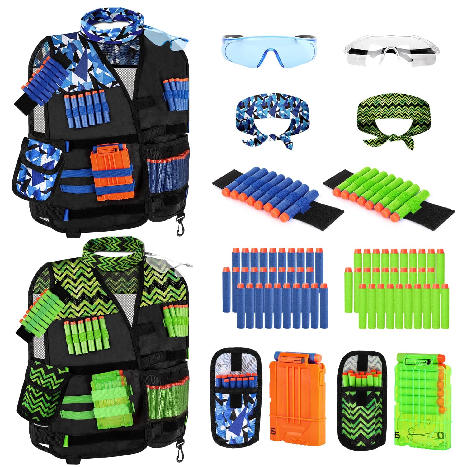 Nerf Vest Kit 2 Pack, Kids Tactical Vest Kit for Nerf Guns N-Strike Elite Series, with 60 Refill Darts, 2 Dart Pouch,2 Tactical Mask, 2 Reload Clips