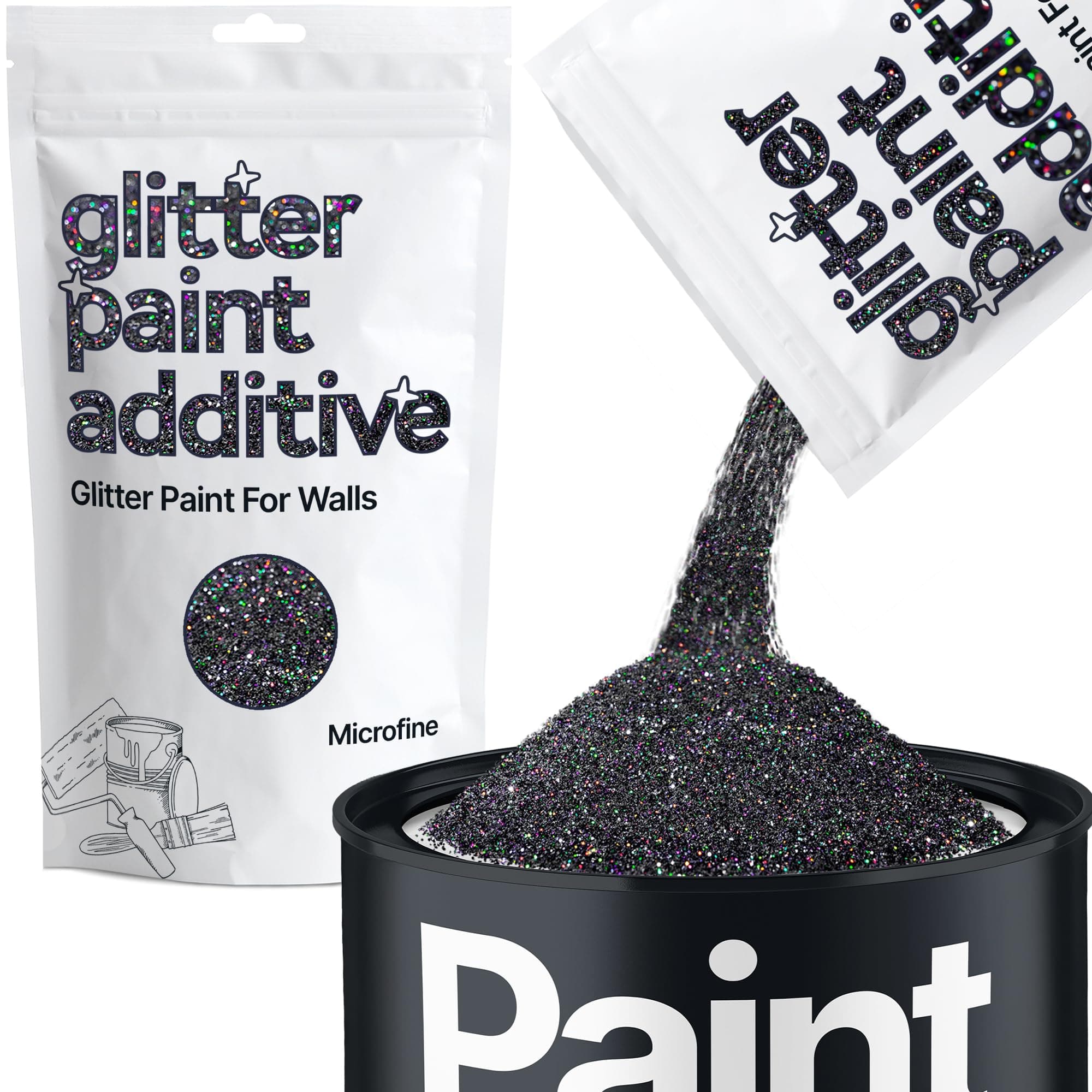 Hemway Glitter Paint Additive 100g / 3.5oz Crystals for Acrylic Emulsion Paint - Interior Wall, Furniture, Ceiling, Wood, Varnish, Matte - Microfine (1/256" 0.004" 0.1mm) - Black Holographic