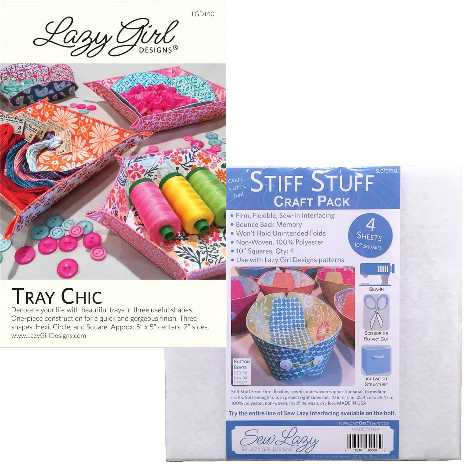 Bundle of Lazy Girl Designs Tray Chic Pattern and Sew Lazy Stiff Stuff Craft Pack of (4) 10in Squares