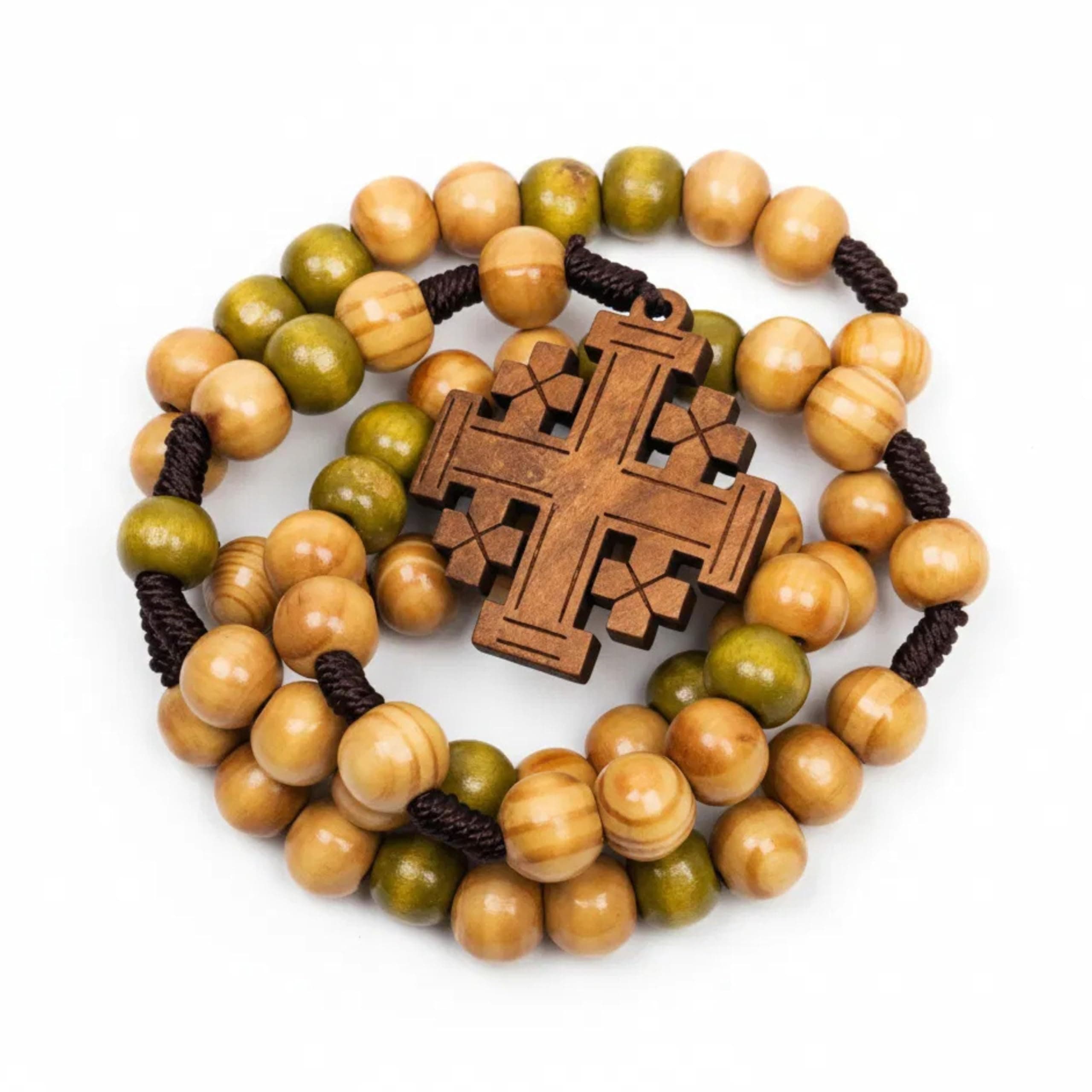 Olive Wood Prayer Rosary Catholic Our Father Wooden Jerusalem Cross Short Cord Car Protection Chaplet Amulet in Velvet Bag