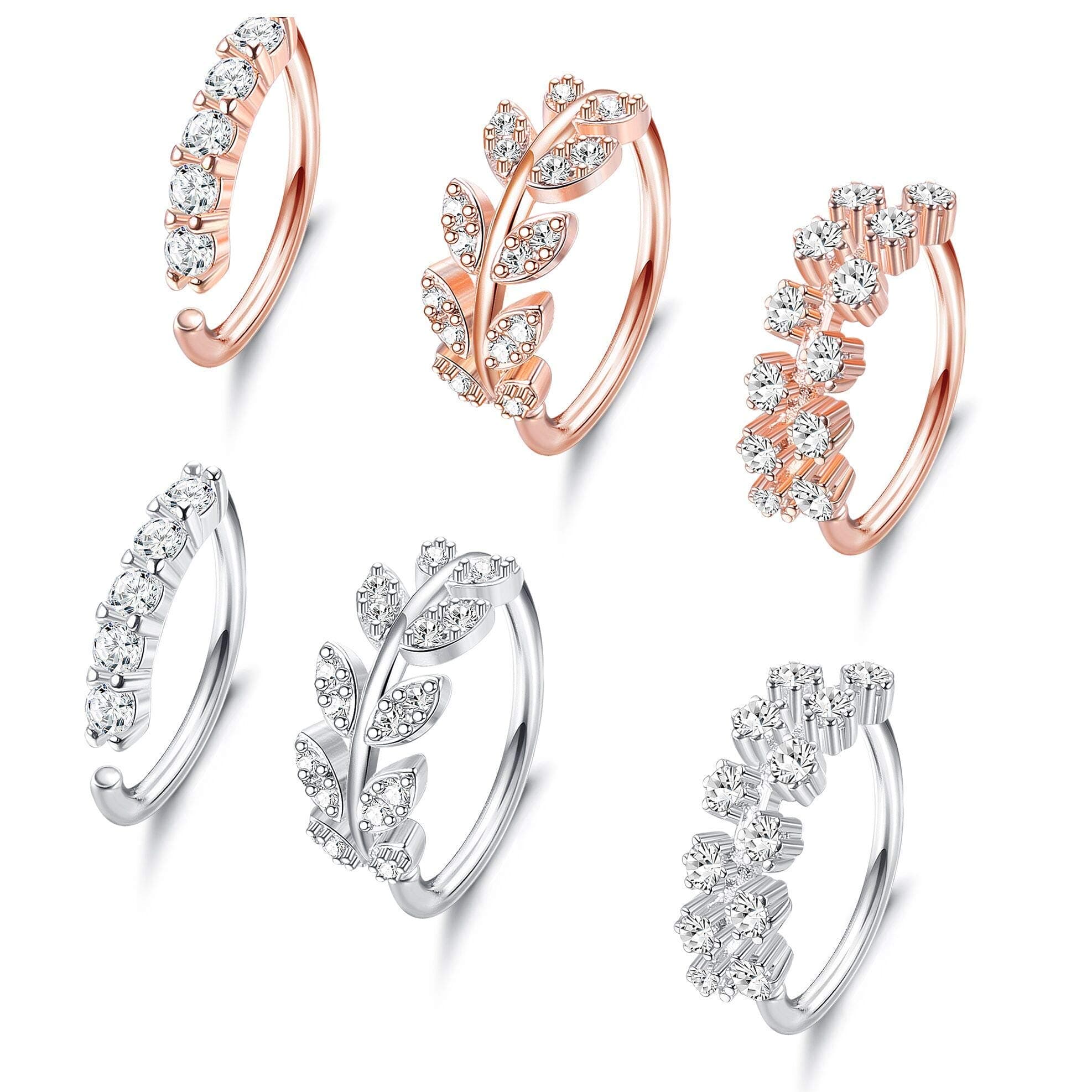 MILACOLATO 6PCS Stainless Steel Nose Hoop Rings Paved CZ Crawler Hoop Earrings Leaf Flowers Lip Helix Cartilage Earring Piercing for Women