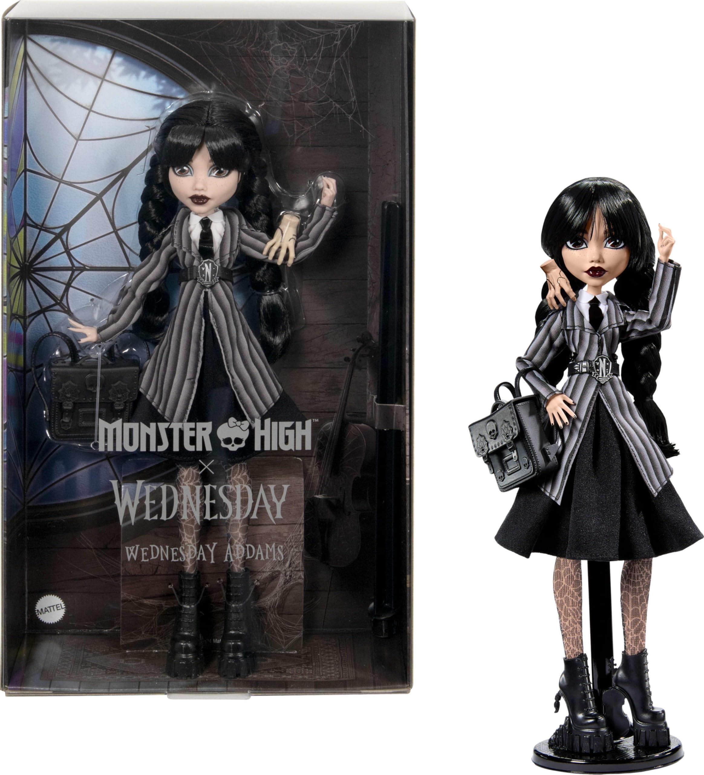 Monster High Wednesday Doll and Accessories, Wednesday Addams Collectible Figure in Nevermore Academy Uniform with Ice Cold Hands and Backpack, Doll Stand HXJ04