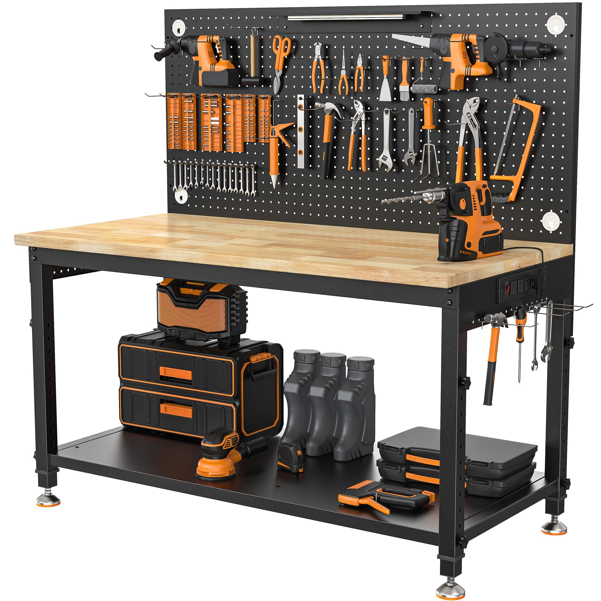 CAMMOO 48" Heavy Duty Work Bench Adjustable Height Max Load 2000 LBS with Storage Shelf for Garage Workbench, Rubberwood Tabletop with Pegboard, LED Light, Built-in Power Strip for Woodworking Shop