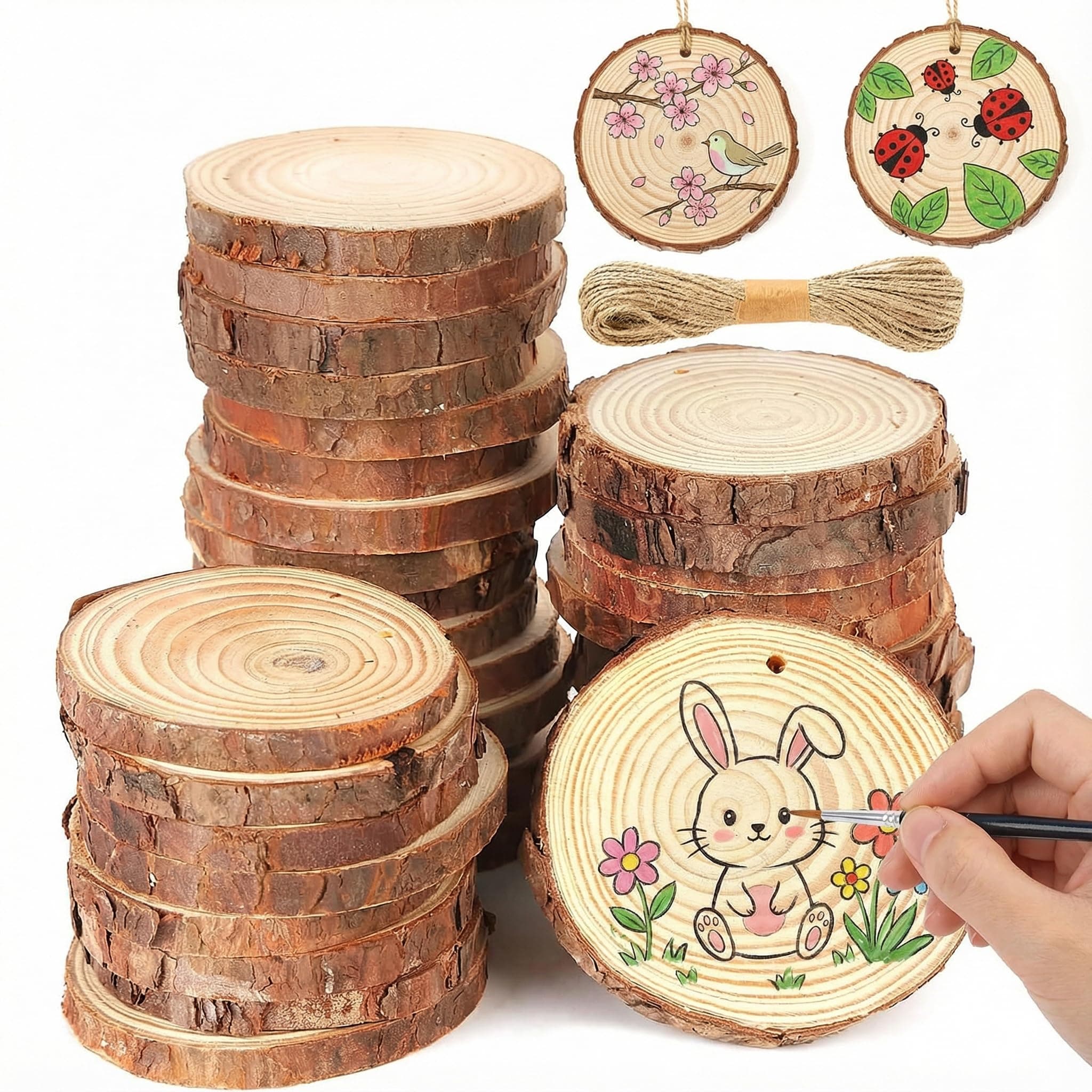 VGOODALL Wood Slices, 36 Pcs 7-8 cm Natural Pine Wooden Discs with Pre-Drilled Holes & Cord - Unfinished Blank Rounds for DIY Crafts, Rustic Home Decor, Gift Tags & Ornaments