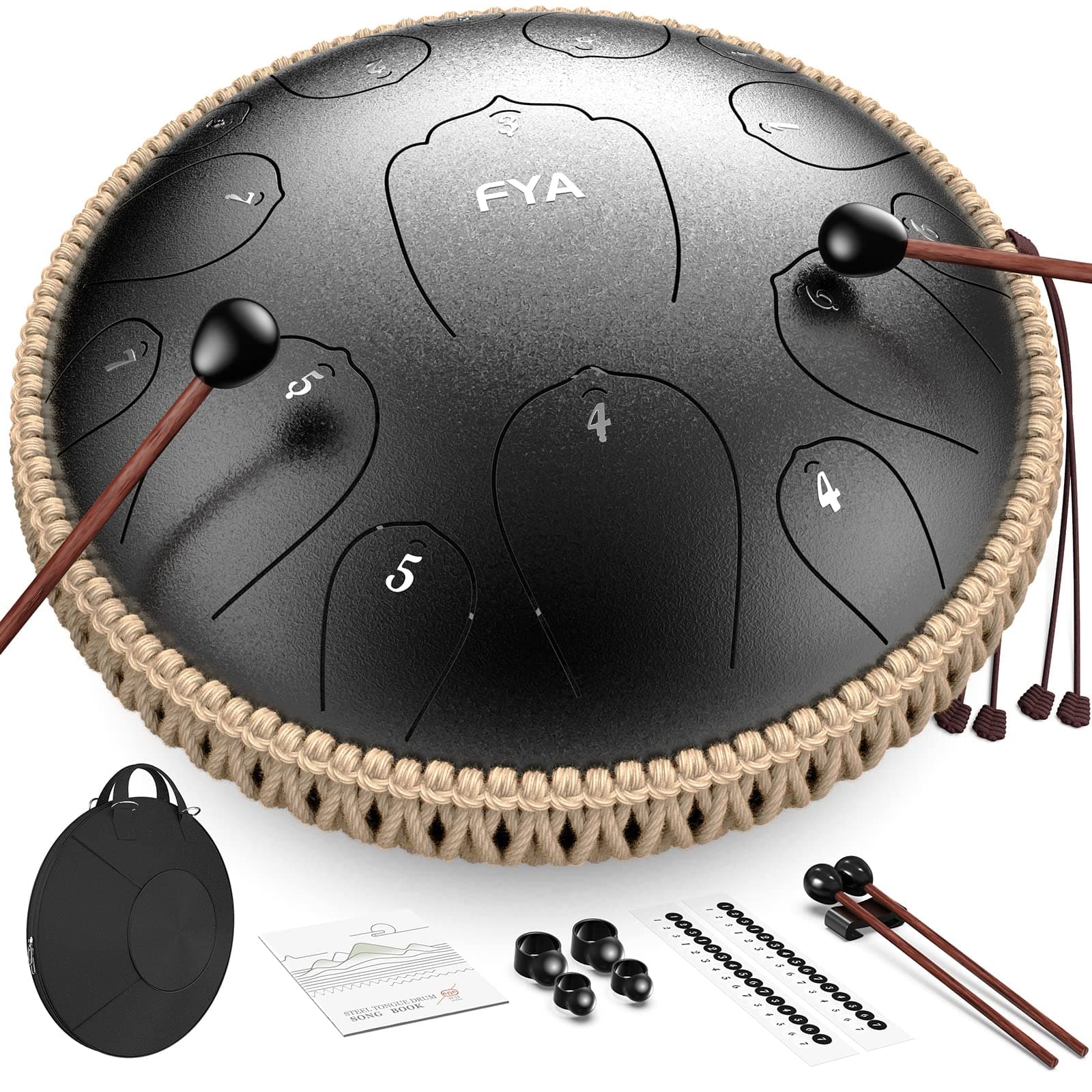 - FYA 14 Inch Steel Tongue Drum 15 Notes D Major for Kids and Adults with Rubber Mallets, Finger Picks and Padded Travel Bag, Unique Gifts for Him or Her (Black-15 Note 14 Inch)