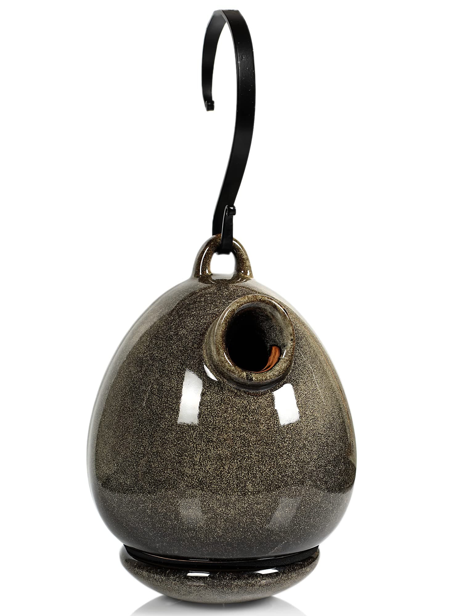 Byer of Maine Egg Bird Home for Small Songbirds, Sandy Granite, High Fired Porcelain Stoneware, Ceramic Bird House, Glaze Finish, with Forged Steel Hook