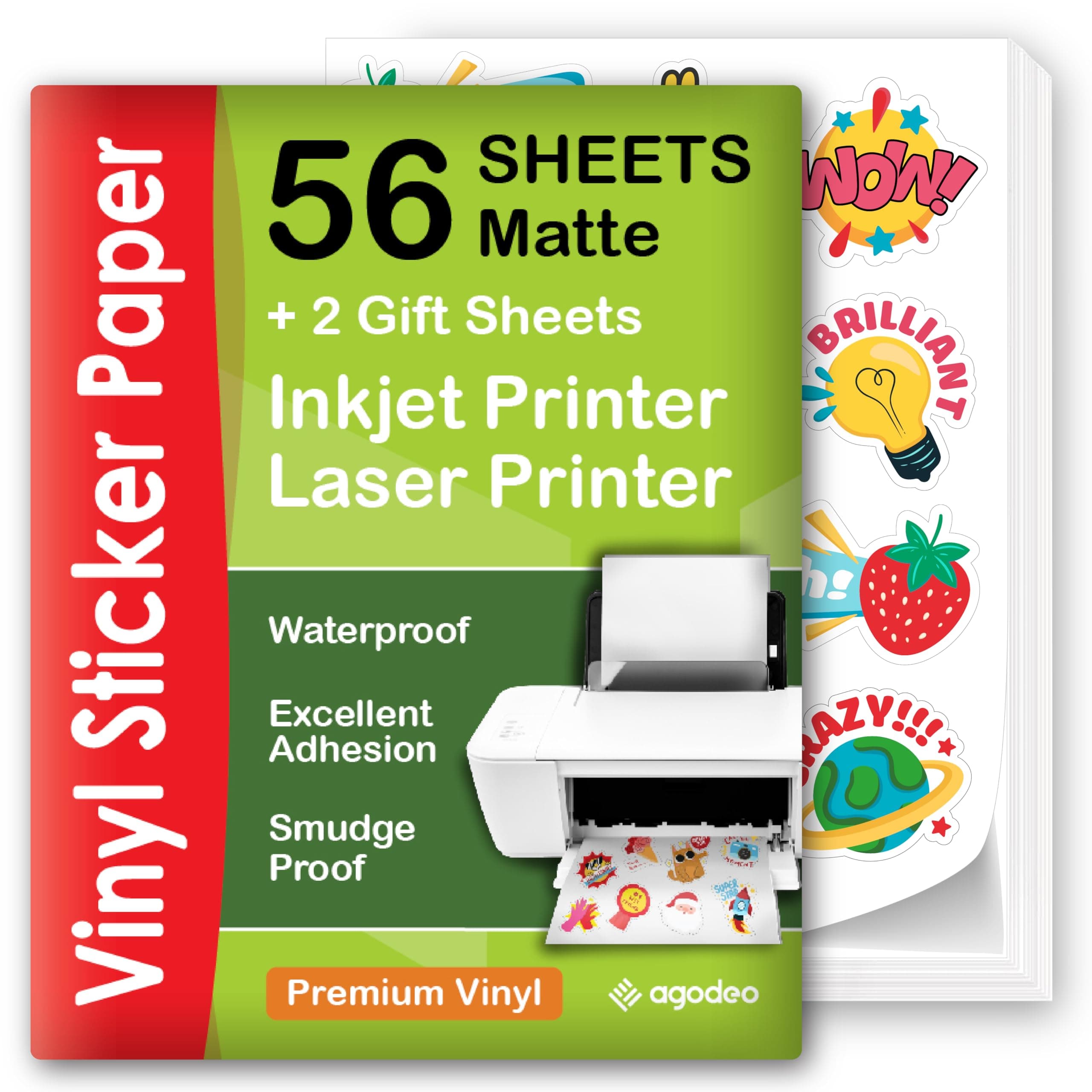 Premium Printable Vinyl Sticker Paper for Inkjet & Laser Printer - 56 Sheets Self-Adhesive Sheets Matte White Waterproof, Dries Quickly Vivid Colors, Holds Ink Well - Tear Resistant