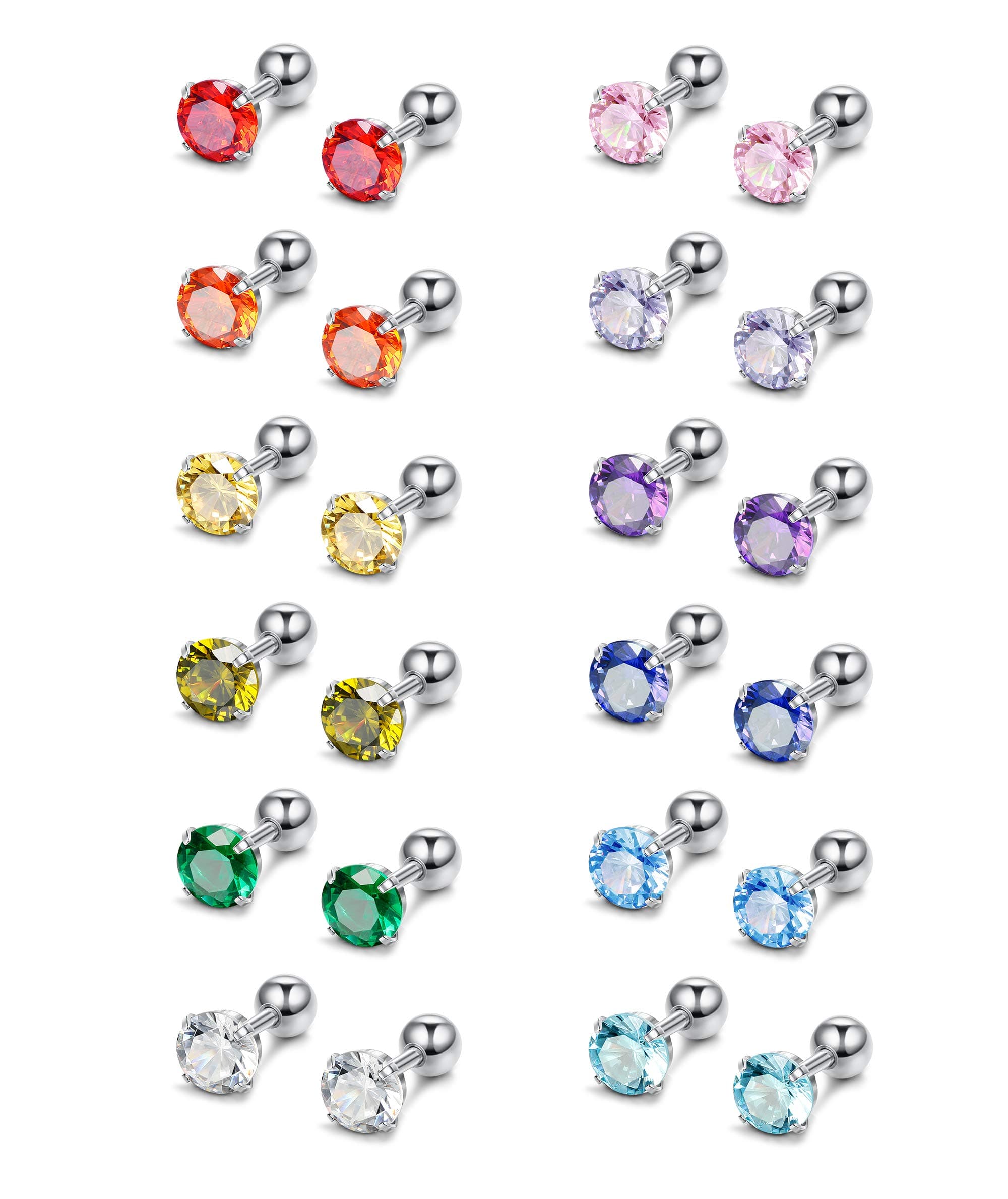 12 Pairs CZ Stud Earrings for Women Birthstone Piercing Earring for Tragus Cartilage 3-8MM