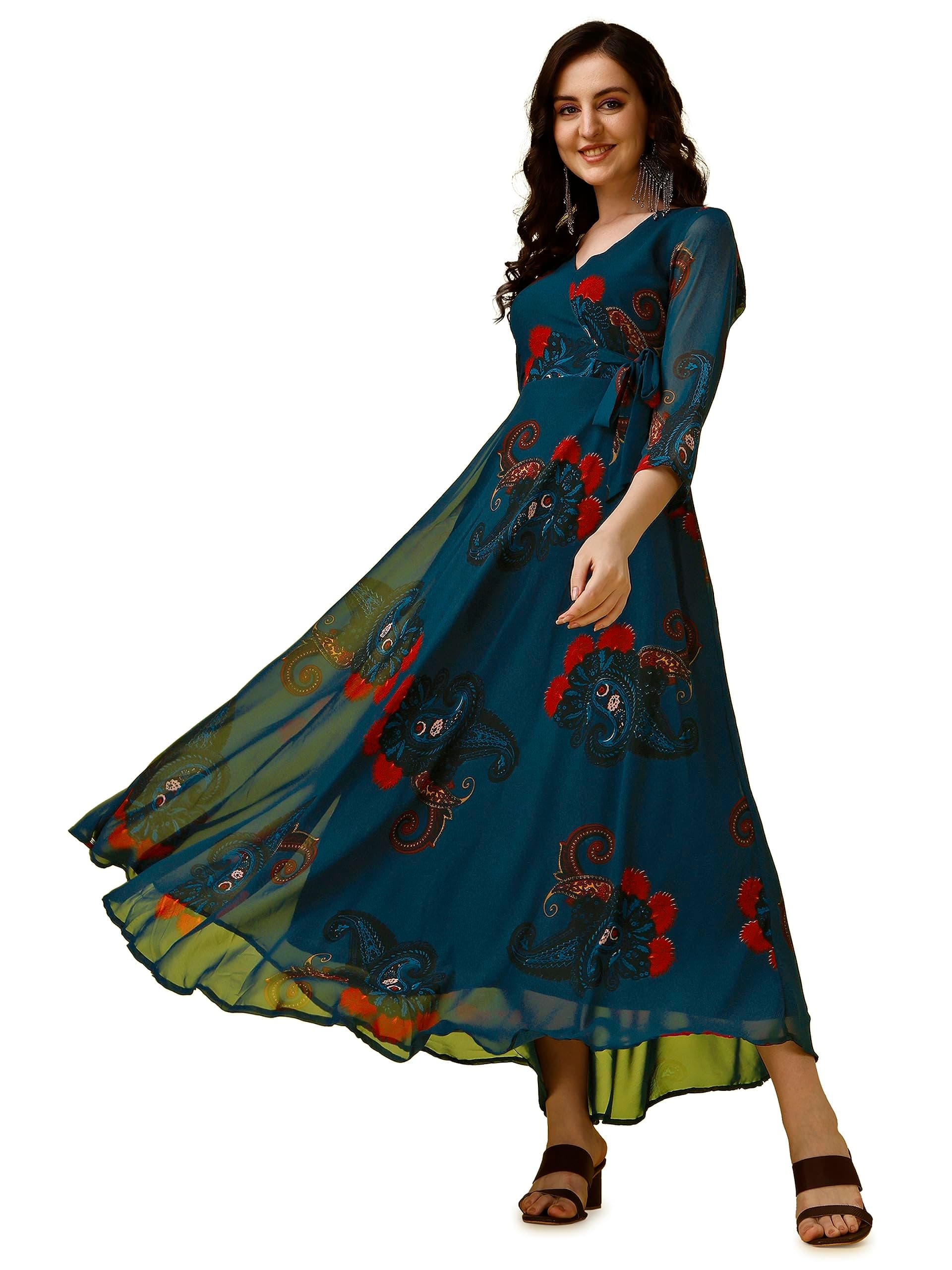 Fashion2wear Women's Georgette Casual Floral Digital Print V-Neck 3/4 Sleeve Knee-Length Fit & Flare Long Maxi Gown Dress for Girls (Barbie)