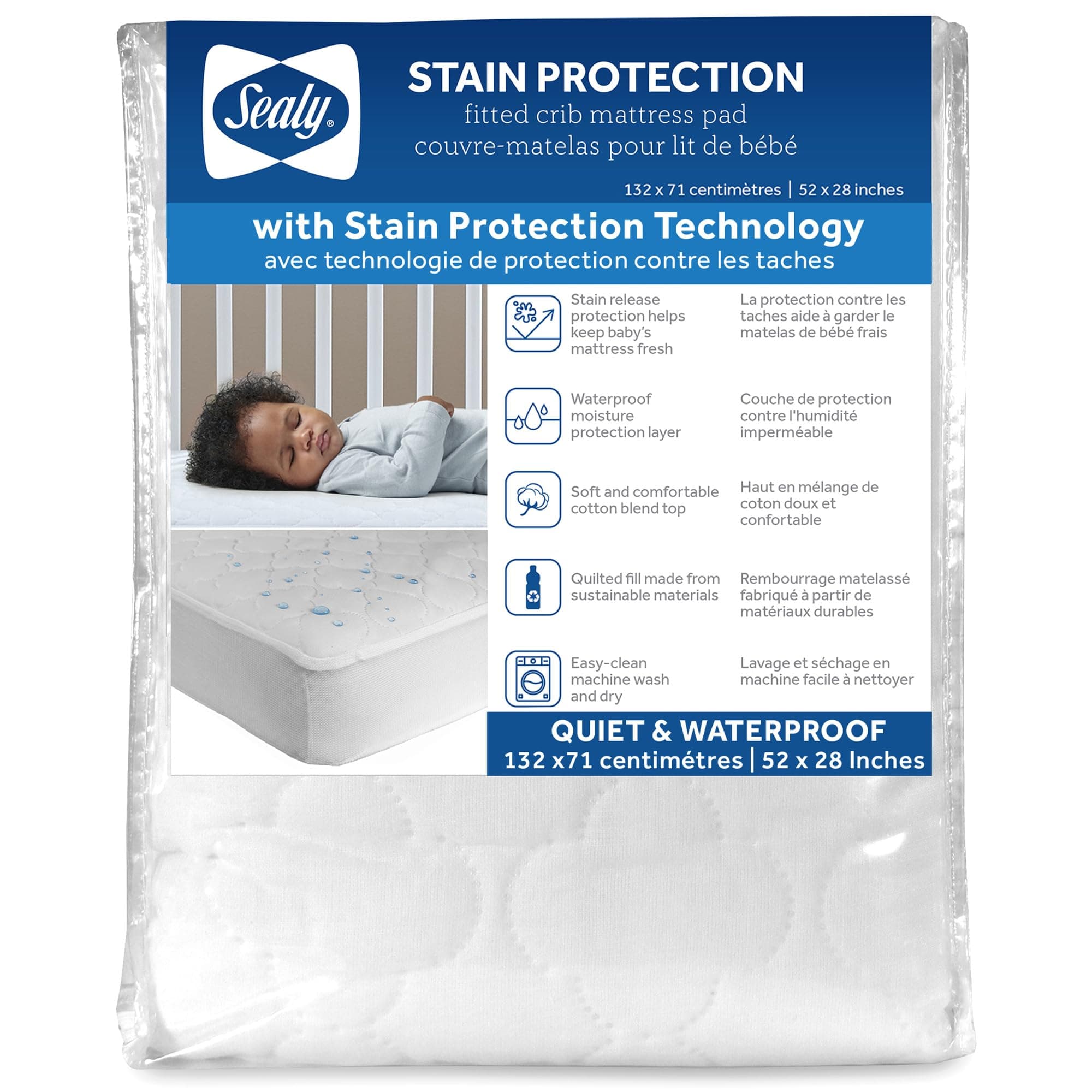 Stain Protection Waterproof Crib Mattress Protector – Noiseless Fitted Sheet Cover with Quilted Cotton-Blend Top for Comfort – Machine Washable and Easy-to-Clean Toddler Pad, 52 x 28, White